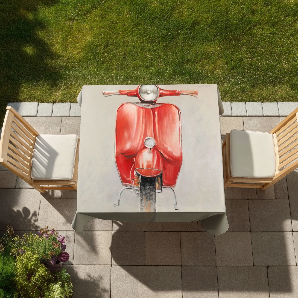 Picture of Begin Home Decor C1TC5858M7OXD4 58 x 58 in. Small Red Moped Tablecloth - Vintage Transportation Decor