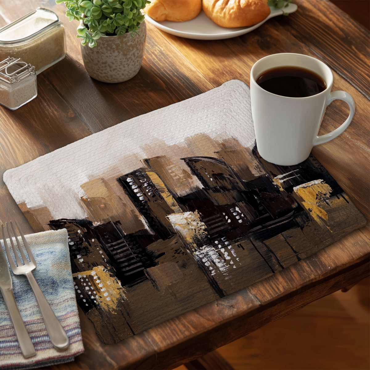 Picture of Begin Home Decor C4BP141844ZF32 14 x 18 in. Brown Abstract Cityscape Braided Polyester Placemat - Home Decor - Set of 4