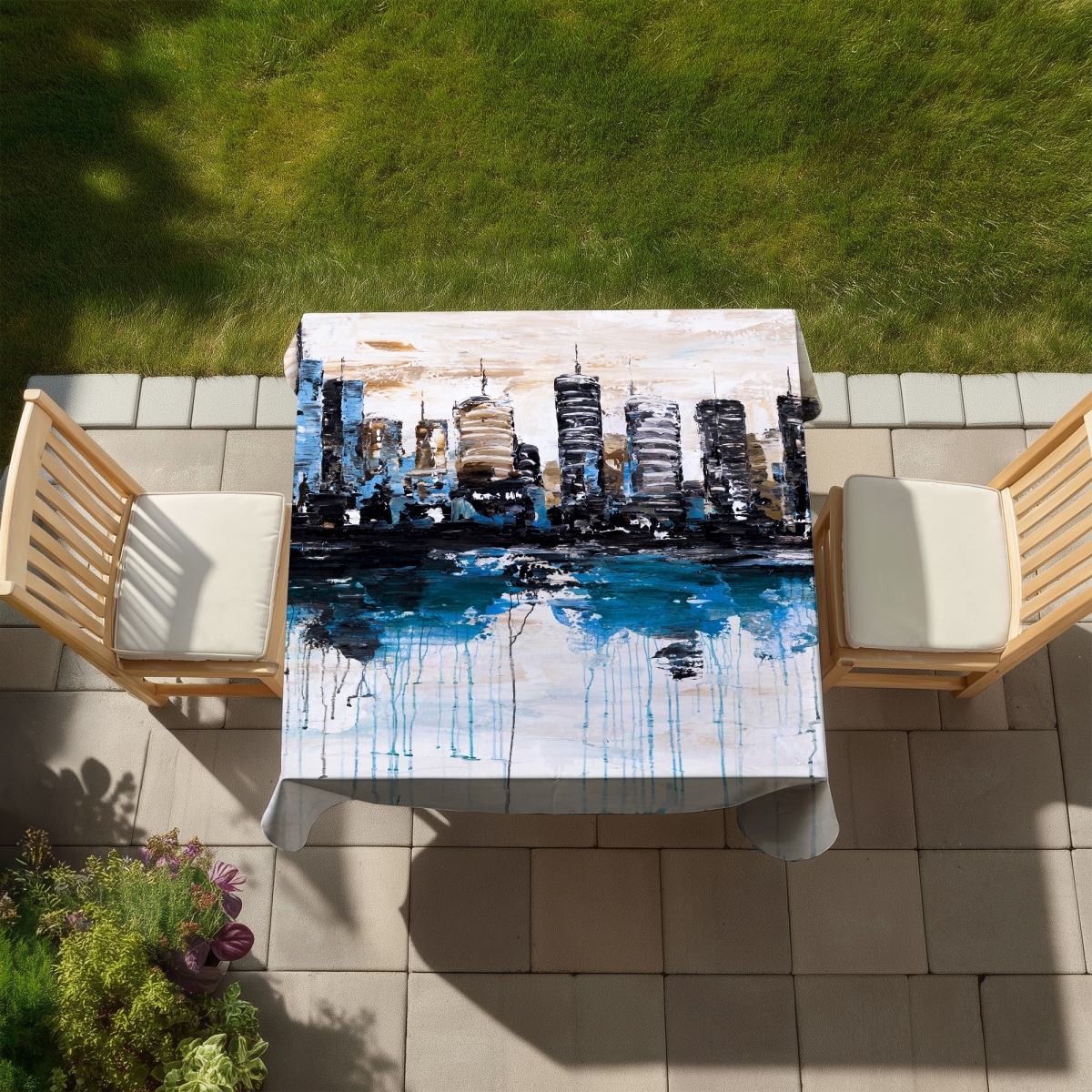 Picture of Begin Home Decor C1TC5858VM8X6A 58 x 58 in. Abstract City Reflection Tablecloth - Blue Modern Decor