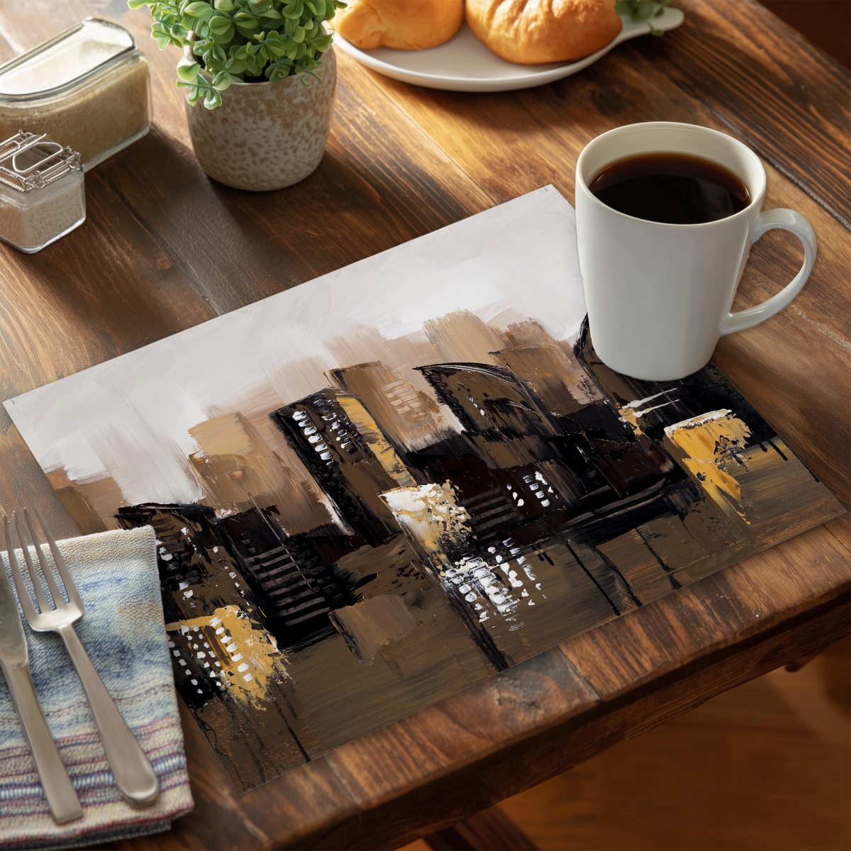 Picture of Begin Home Decor C4PP14180J09RS 14 x 18 in. Brown Abstract Cityscape Polyester Placemat - Home Decor - Set of 4