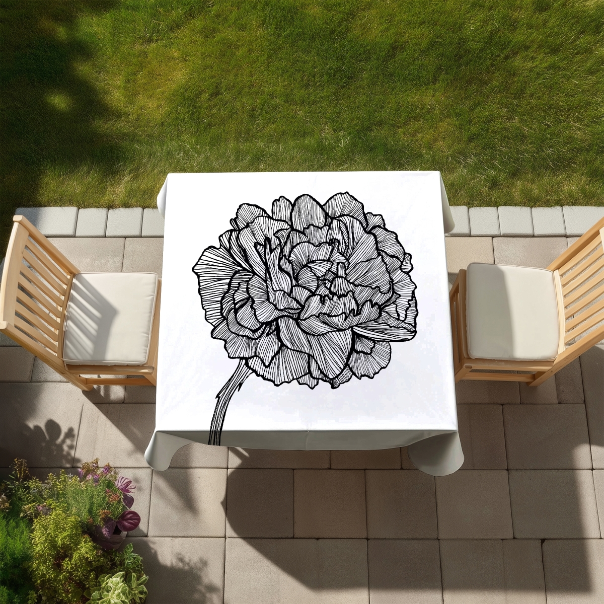 Picture of Begin Home Decor C1TC5858GLTYQU 58 x 58 in. Peony Line White Floral Tablecloth - Indoor & Outdoor Decor