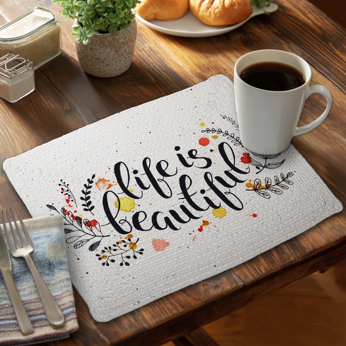 Picture of Begin Home Decor C4BP1418YH51F9 14 x 18 in. Life is Beautiful Braided Polyester Placemat for Home Decor - Set of 4