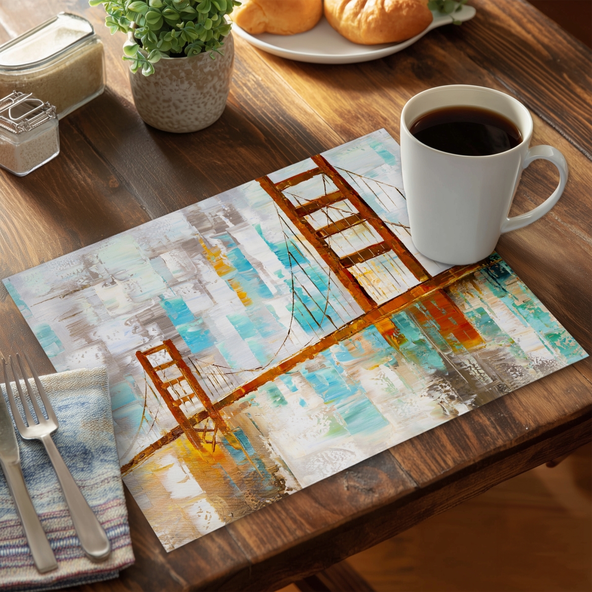 Picture of Begin Home Decor C4PP14180T0T97 14 x 18 in. Golden Gate Placemat with Turquoise Paint Spots - Home Decor - Set of 4