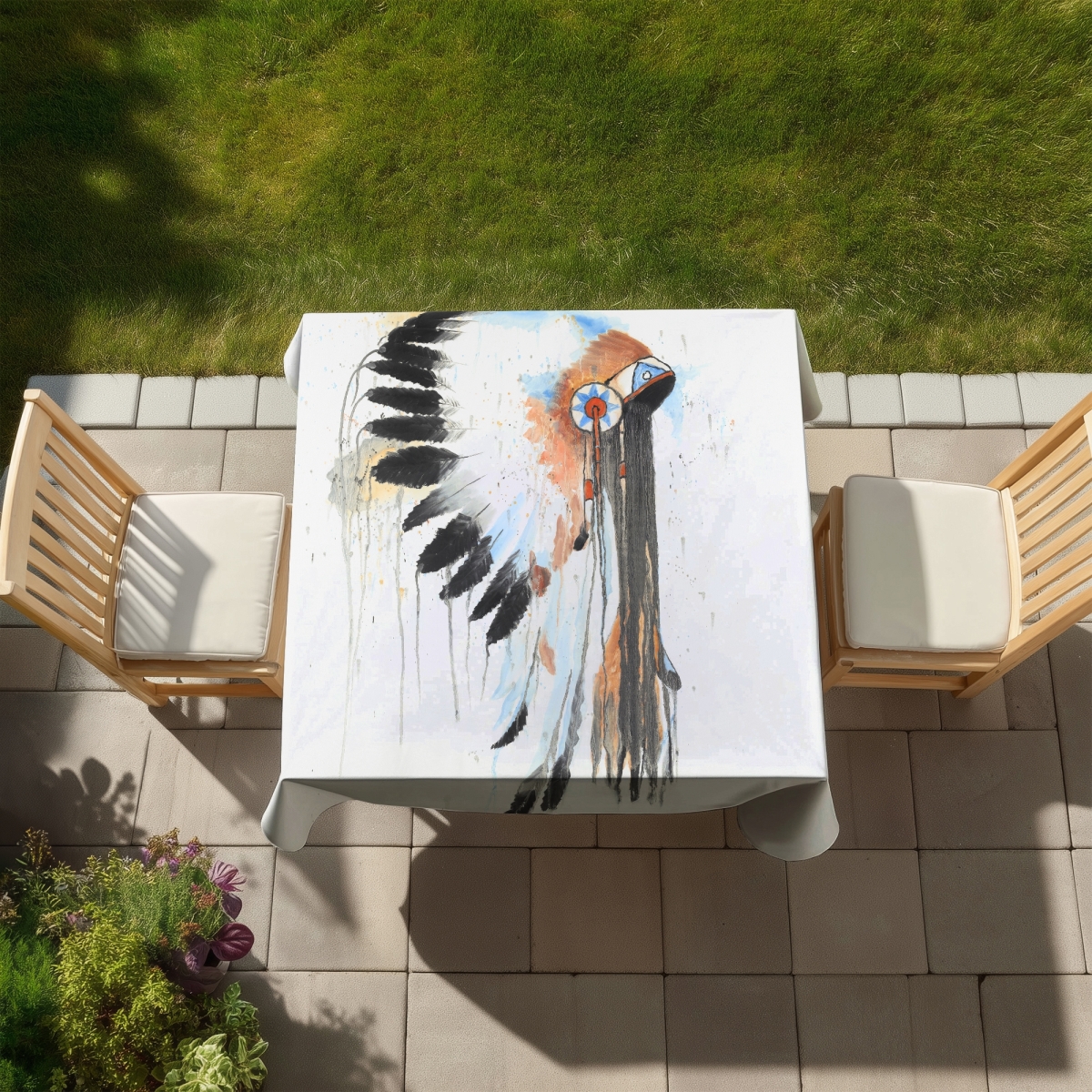 Picture of Begin Home Decor C1TC5858OV6DTI 58 x 58 in. Indian War Bonnet Blue Ethnic Tablecloth - Indoor & Outdoor Decor