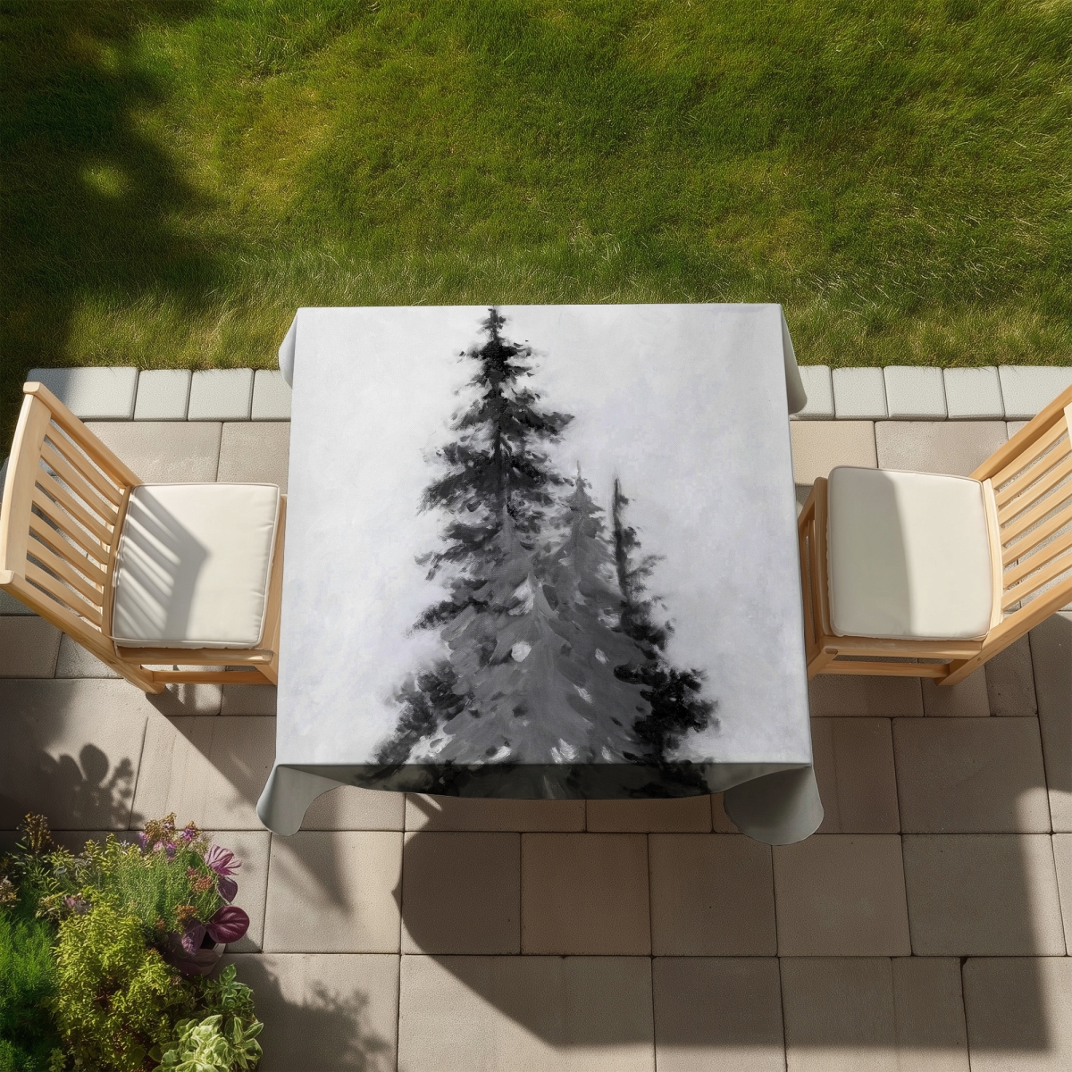 Picture of Begin Home Decor C1TC58584S5WPC 58 x 58 in. White Trees Tablecloth - Indoor & Outdoor Home Decor, Black & Gray