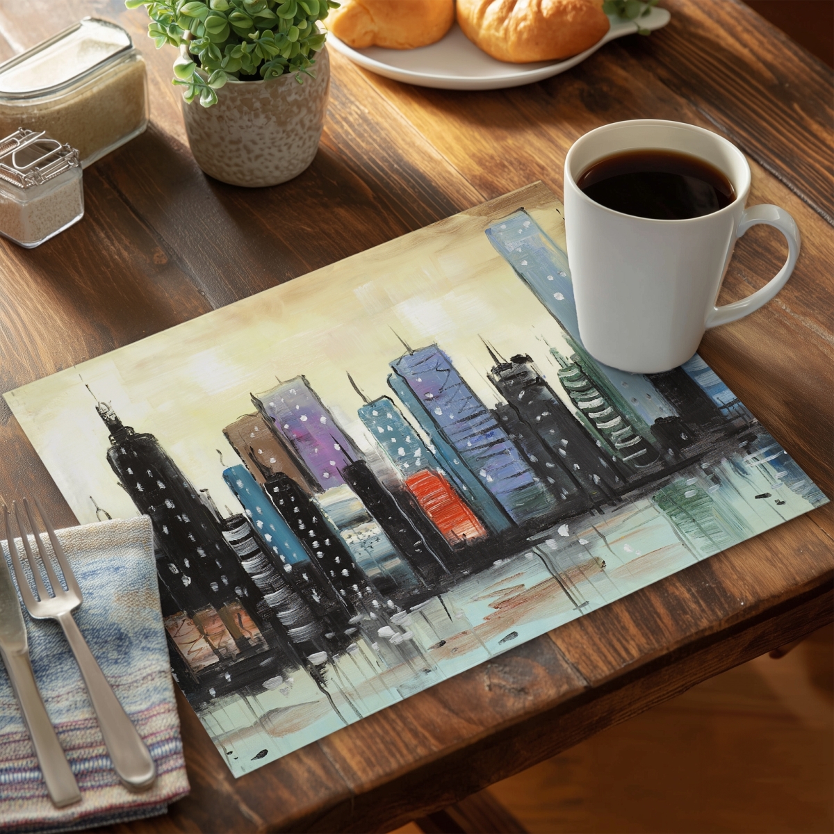 Picture of Begin Home Decor C4PP1418FZLBM6 14 x 18 in. Skyline on Abstract Cityscape Polyester Placemat - Home Decor - Set of 4