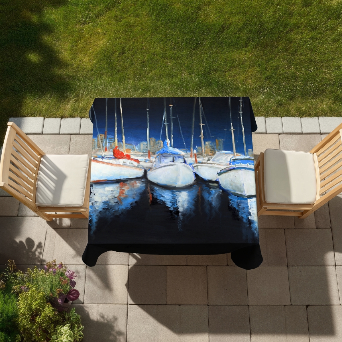 Picture of Begin Home Decor C1TC58582PRPHI 58 x 58 in. Evening At the Marina Blue Boat Tablecloth for Home Decor