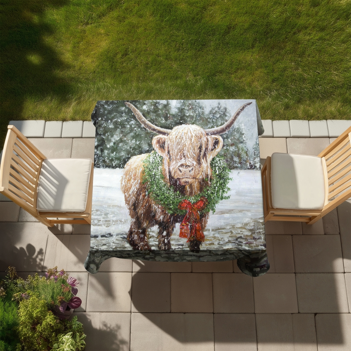 Picture of Begin Home Decor C1TC5858IMV0IA 58 x 58 in. Highland Christmas Cow Tablecloth - Rustic Farmhouse Decor