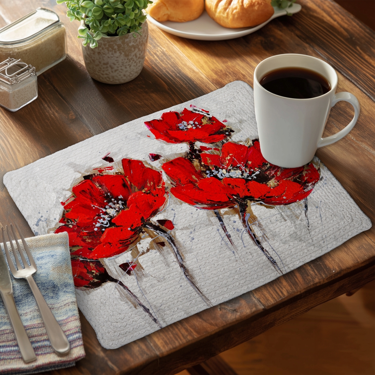 Picture of Begin Home Decor C4BP1418XUZLRX 14 x 18 in. Abstract Poppy Flowers Braided Polyester Placemat - Home Decor - Set of 4