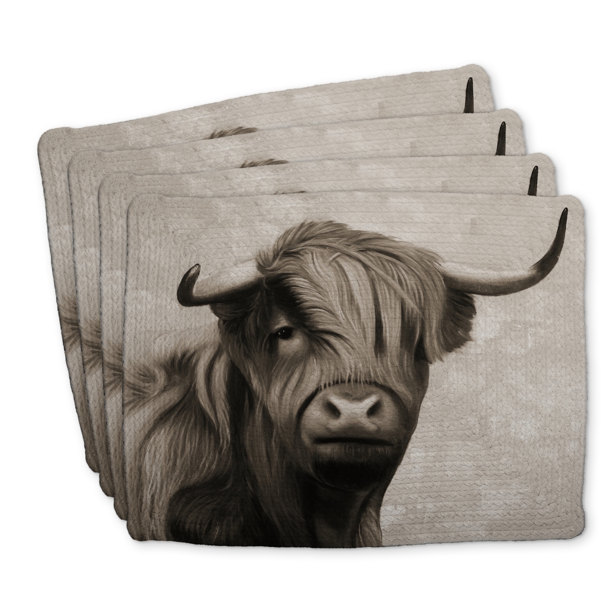 Picture of Begin Home Decor C4BP1418VDRJ2Z 14 x 18 in. Highland Cattle Sepia - Braided Polyester Placemat for Decor - Set of 4