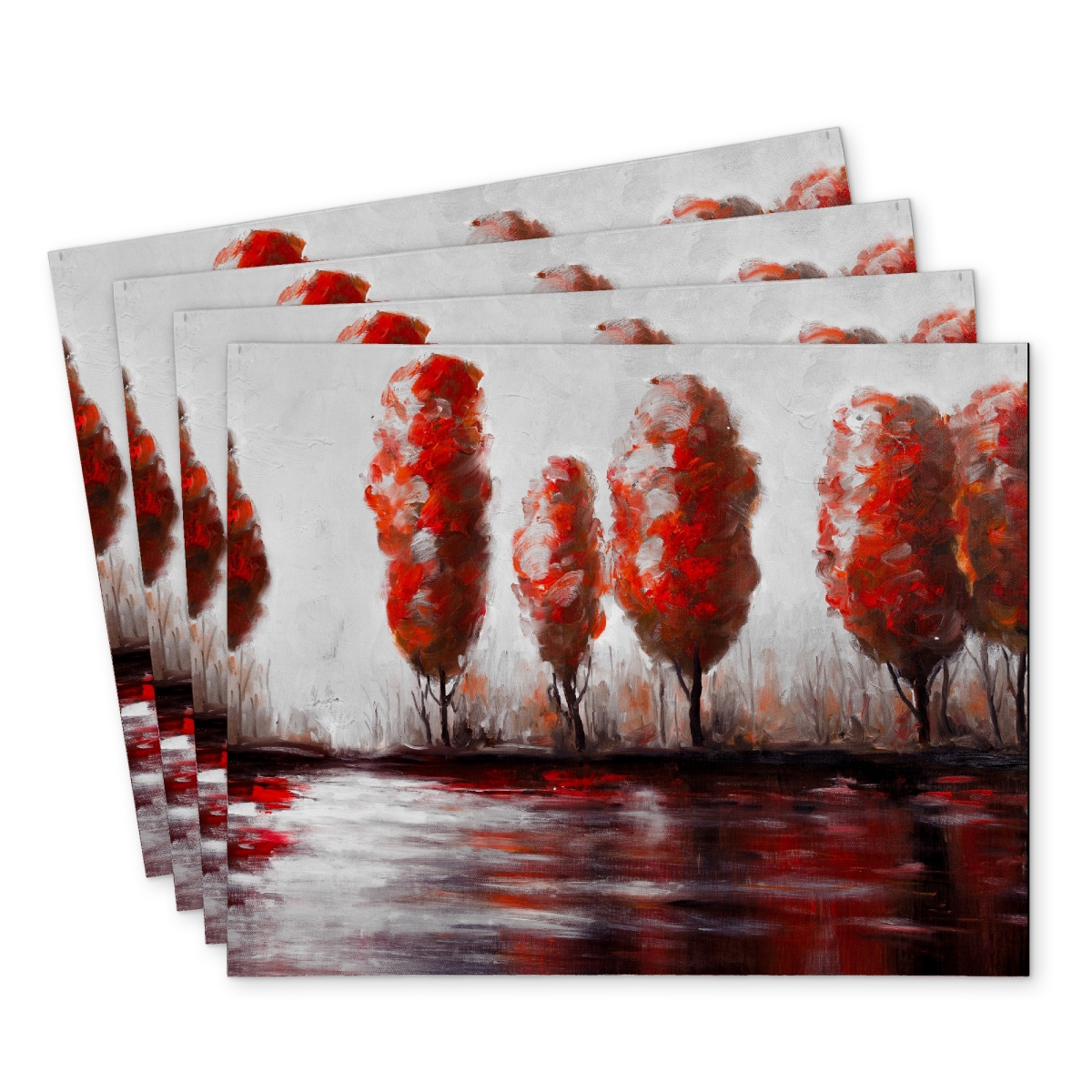 Picture of Begin Home Decor C4PP14188FS6HH 14 x 18 in. Red Trees By the Lake - Polyester Placemat for Home Decor - Set of 4