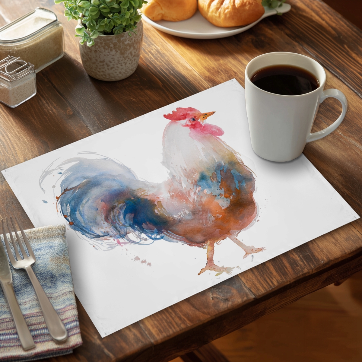 Picture of Begin Home Decor C4PP1418DJ1A87 14 x 18 in. Watercolor Rooster Polyester Placemat - Home Decor Accent - Set of 4