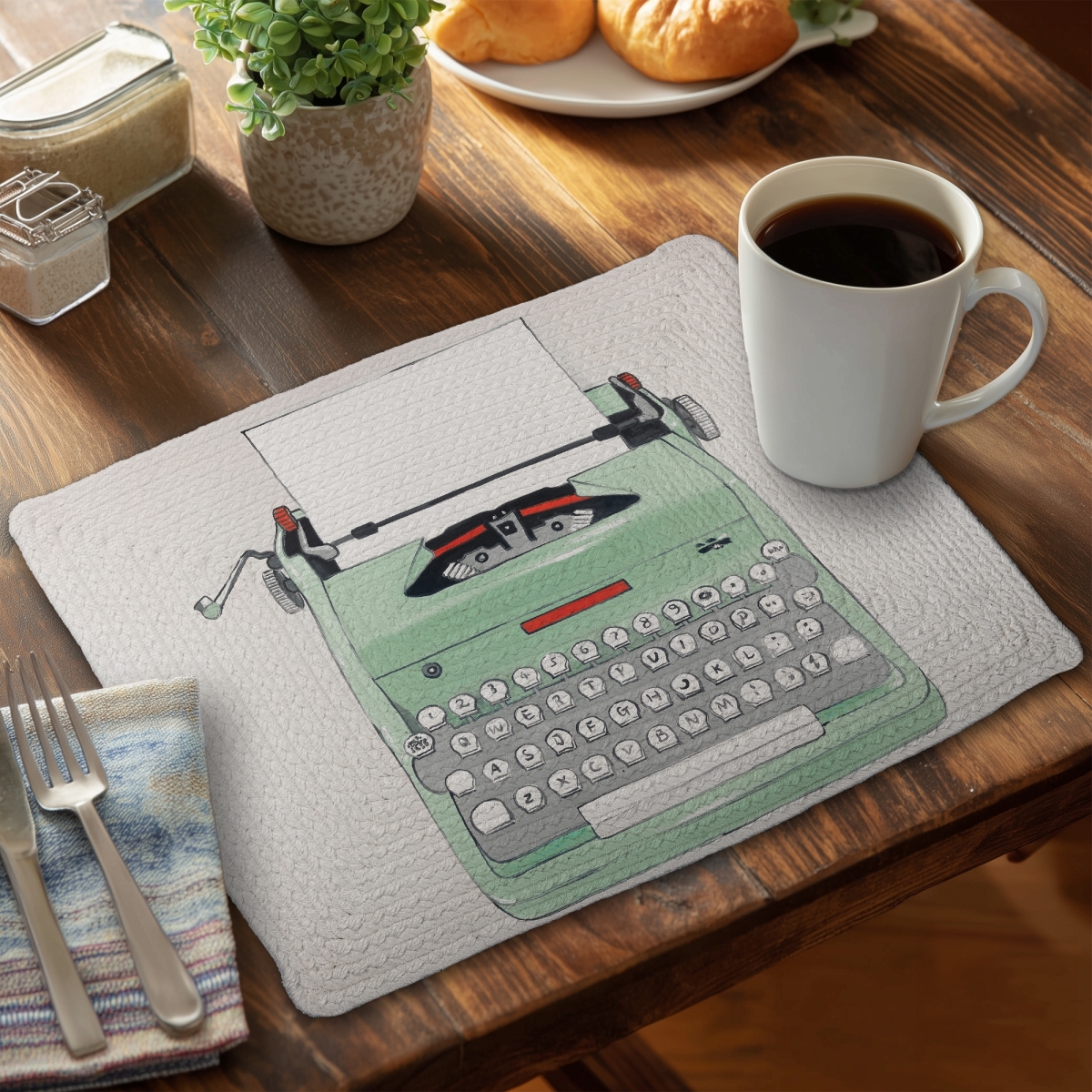 Picture of Begin Home Decor C4BP1418FZJJLI 14 x 18 in. Mint Typewriter Braided Polyester Placemat for Home Decor - Set of 4