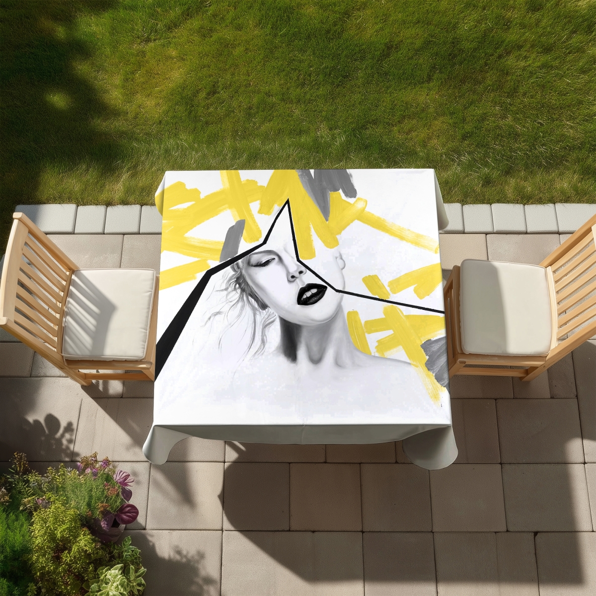 Picture of Begin Home Decor C1TC5858GGV33D 58 x 58 in. Gray Modern Figurative Tablecloth - Woman with Yellow Line Decor