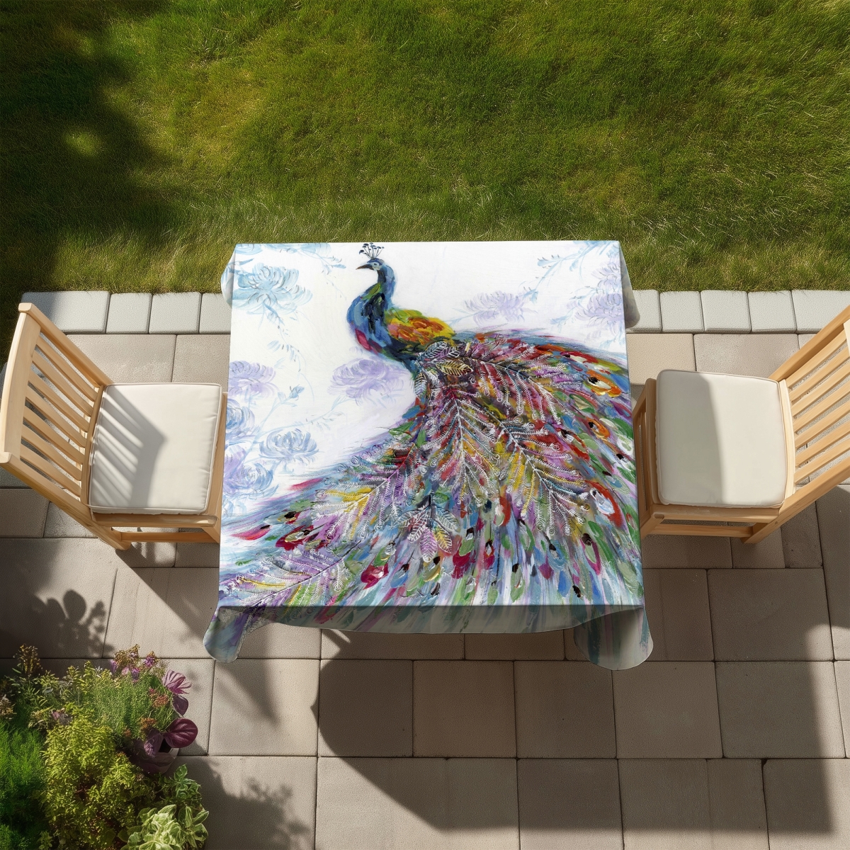 Picture of Begin Home Decor C1TC5858BOQKUJ 58 x 58 in. Majestic Peacock with Flowers Tablecloth - Blue Bird Decor