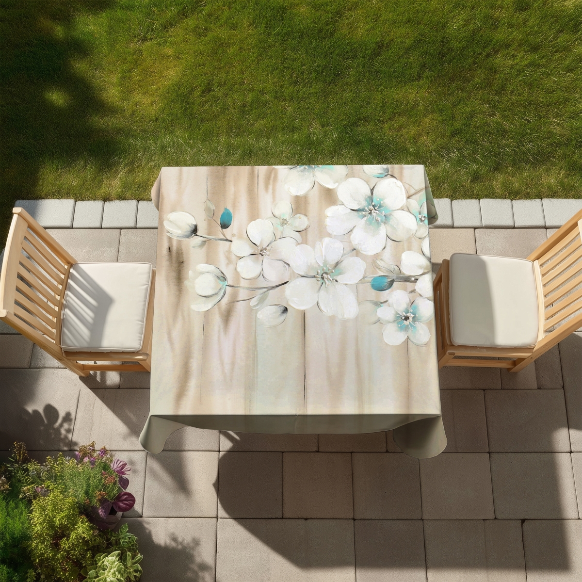 Picture of Begin Home Decor C1TC5858GKT2ZF 58 x 58 in. White Flowers on Wood Tablecloth - Indoor Outdoor Decor