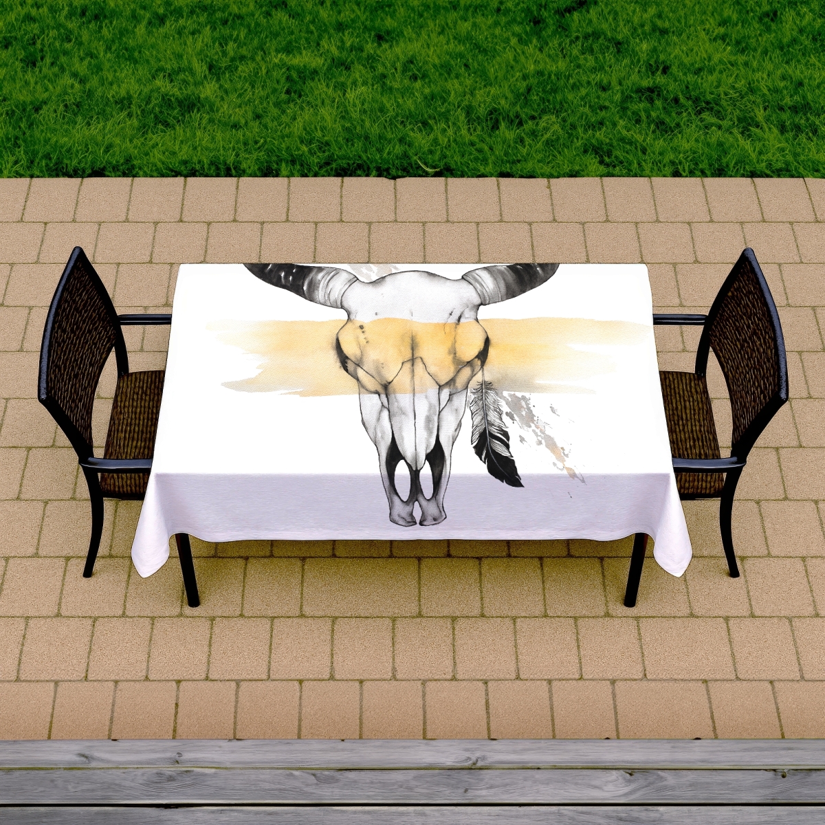 Picture of Begin Home Decor C1TCLRGEVCSJCZ 58 x 102 in. Cow Skull with Feather Tablecloth - Rustic Indoor & Outdoor Decor