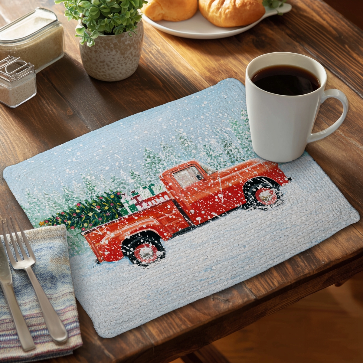 Picture of Begin Home Decor C4BP1418GS7OVC 14 x 18 in. Christmas Tree Truck Braided Polyester Placemat - Home Decor - Set of 4