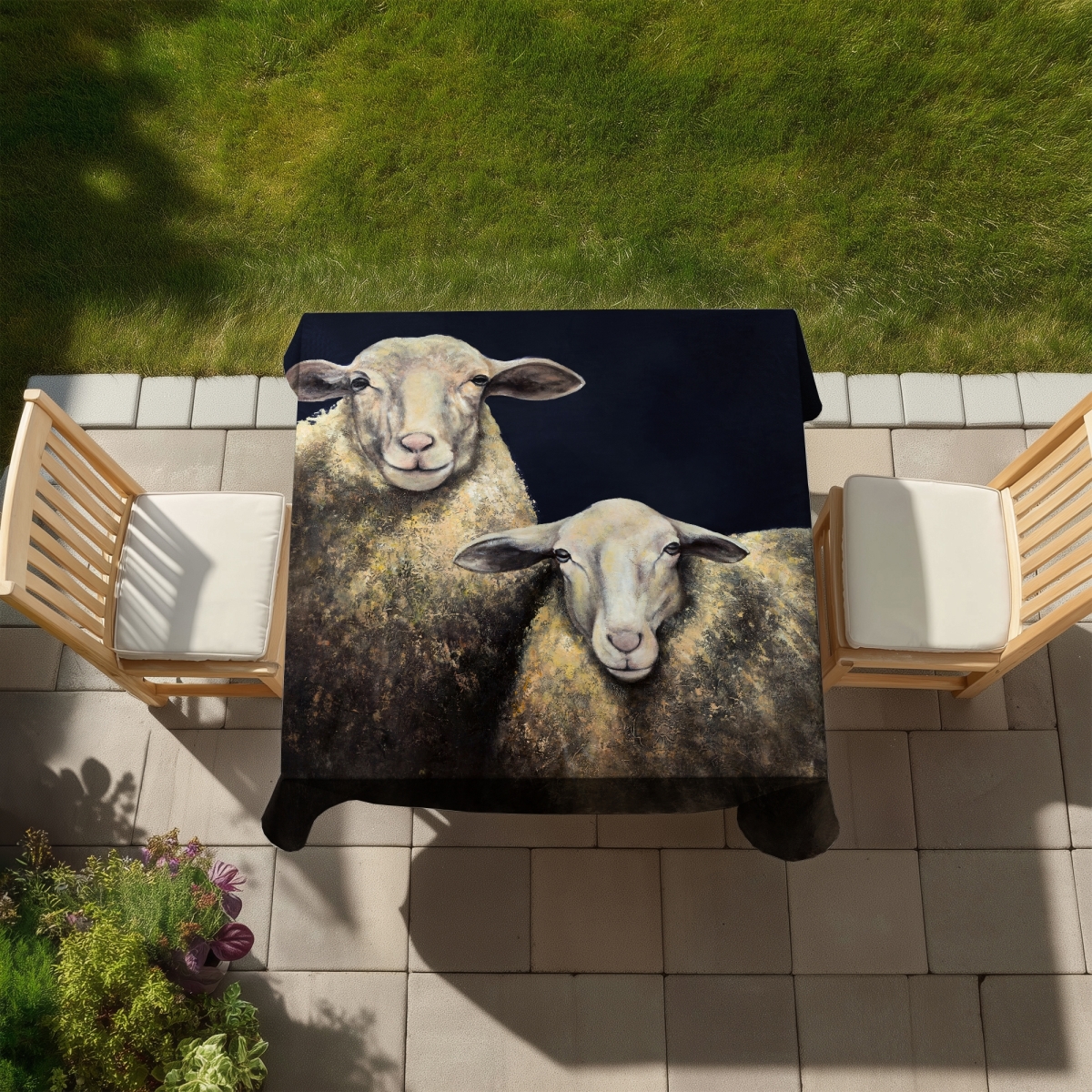 Picture of Begin Home Decor C1TC58588VD4QX 58 x 58 in. Two Sheep Blue Tablecloth - Indoor & Outdoor Home Decor