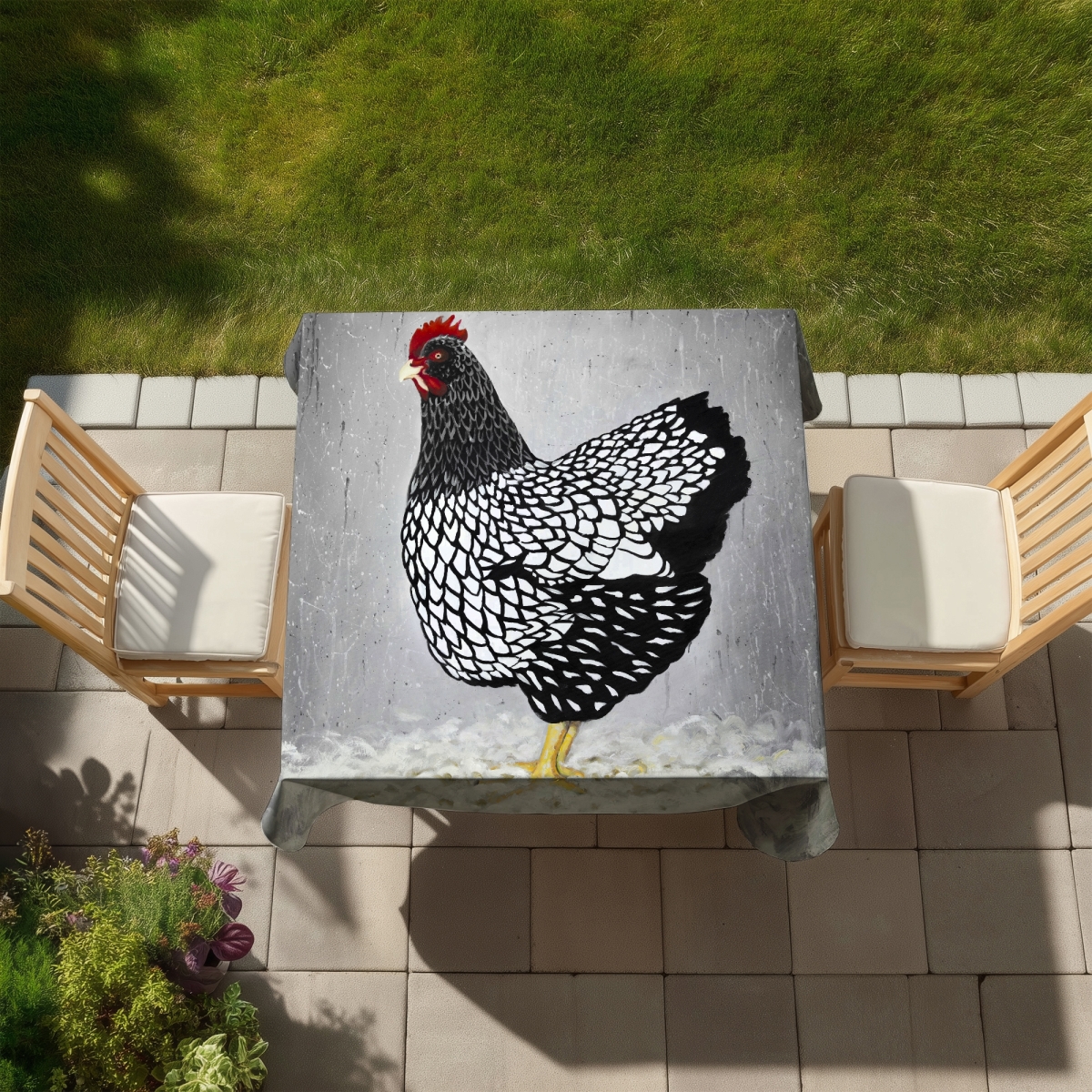 Picture of Begin Home Decor C1TC5858BZ7BB5 58 x 58 in. White Farm Animals Tablecloth - Black & White Wyandotte Hen