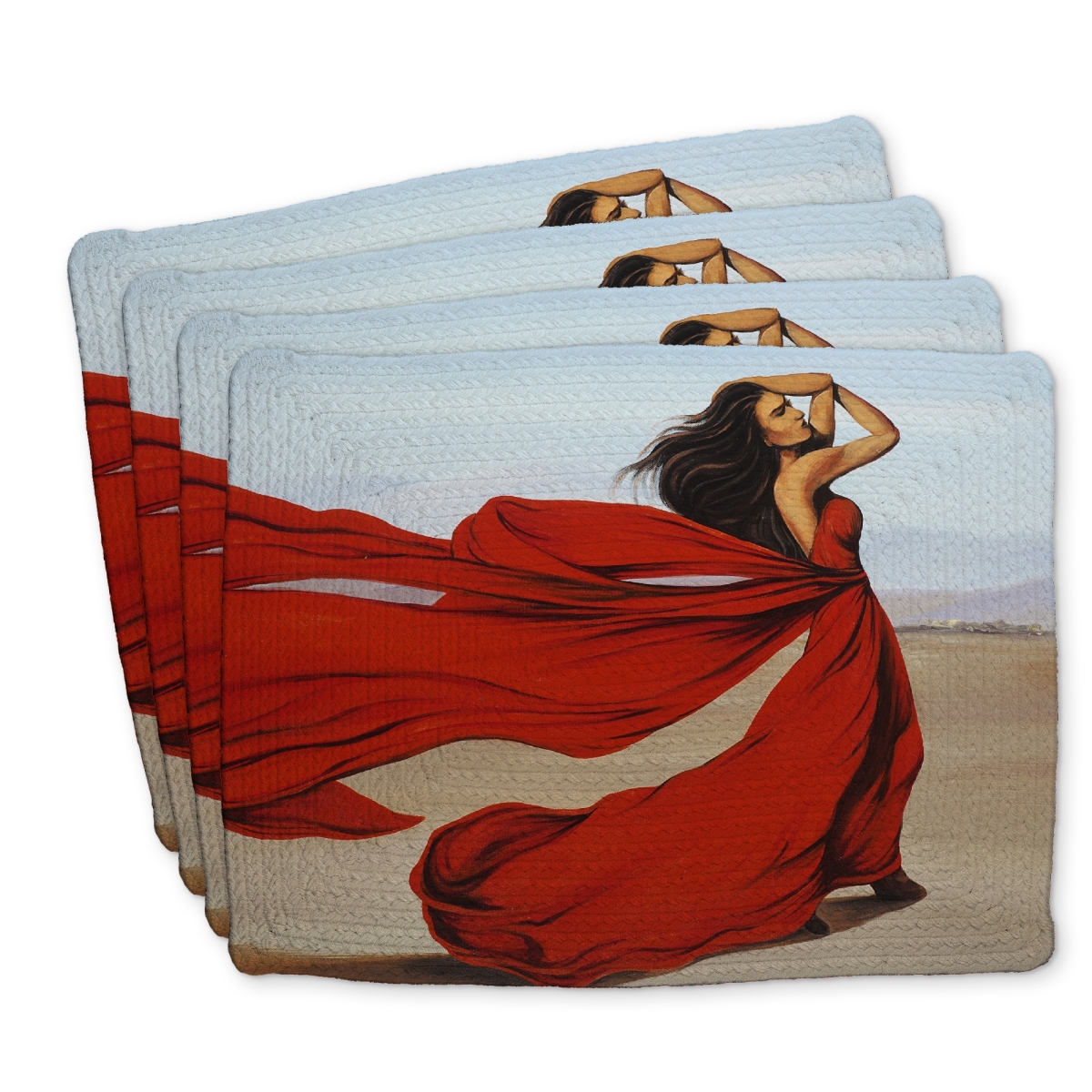 Picture of Begin Home Decor C4BP1418NVB02W 14 x 18 in. Woman with Long Red Dress in Desert - Braided Polyester Placemat - Set of 4