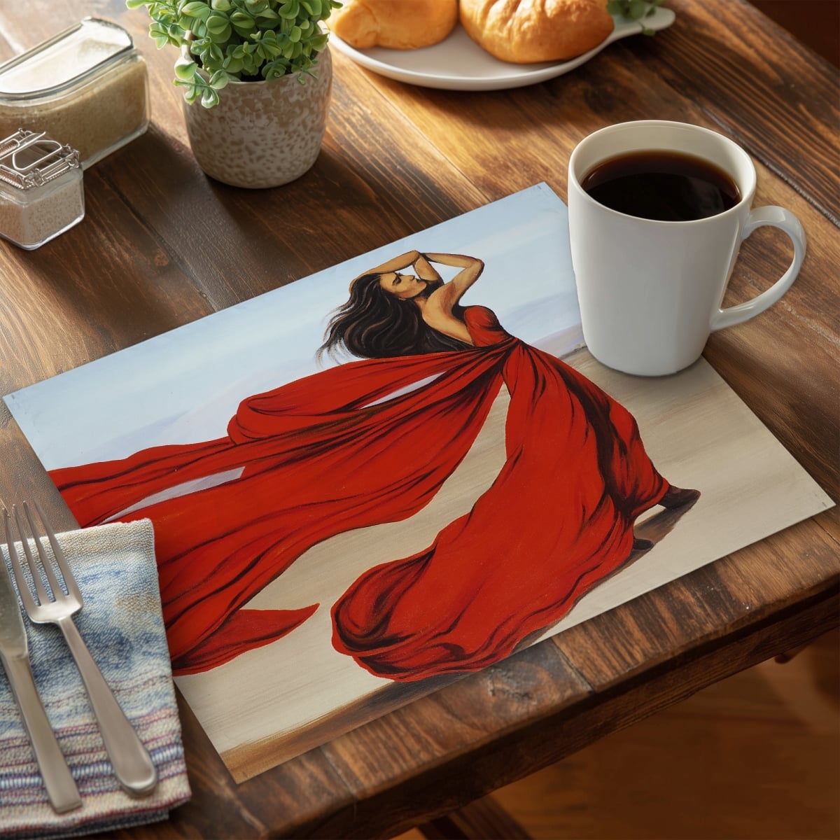 Picture of Begin Home Decor C4PP1418757FQ9 14 x 18 in. Woman with Long Red Dress in Desert - Polyester Placemat - Set of 4