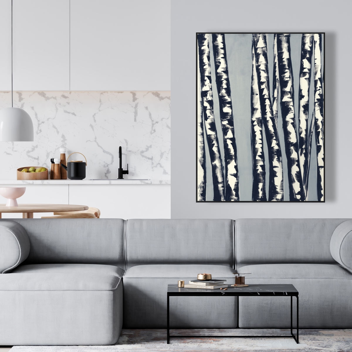 C1FC36482KBO0Q 36 x 48 in. Abstract Birch Forest - Contemporary Blue Framed Canvas Art