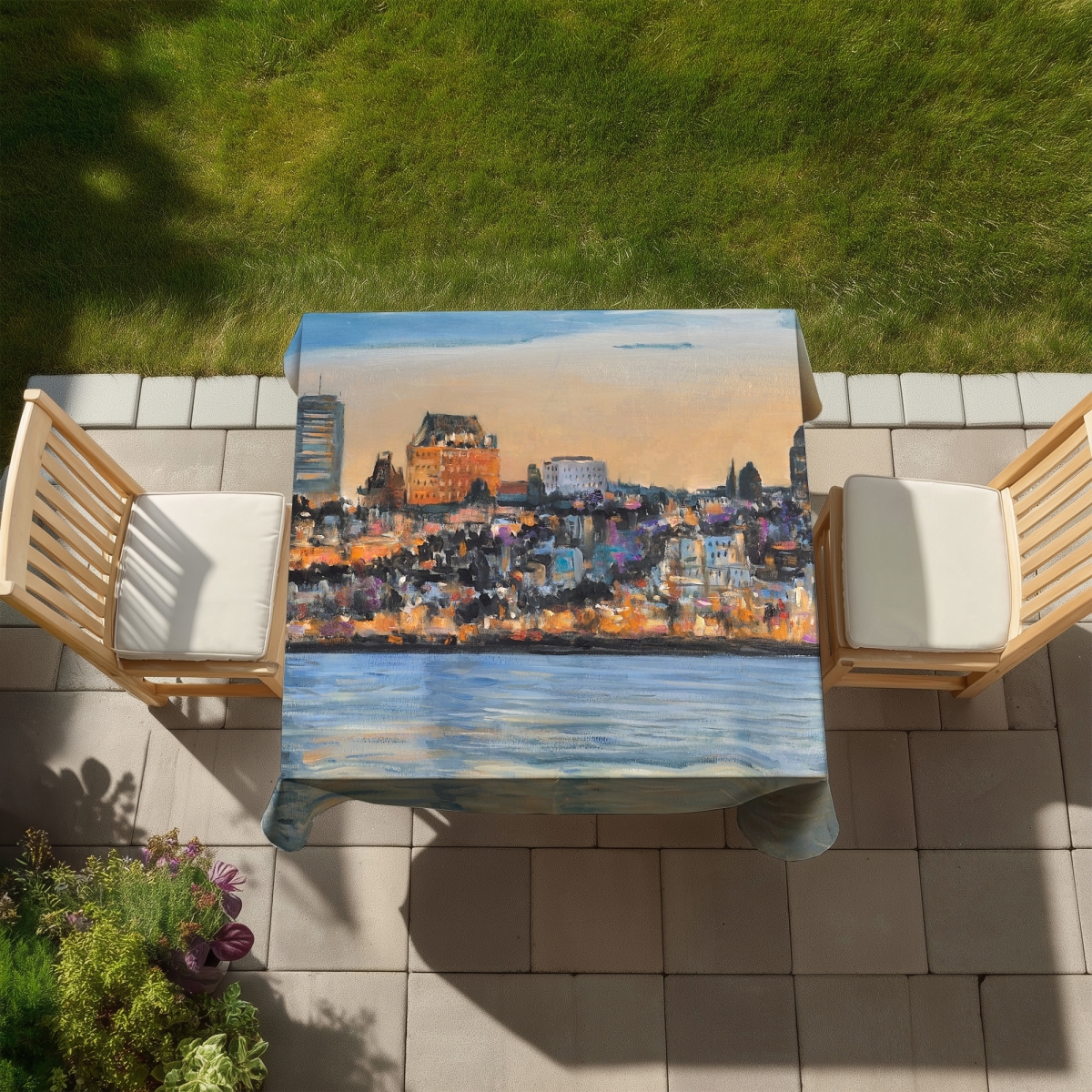 Picture of Begin Home Decor C1TC5858EYR2OM 58 x 58 in. Skyline of Quebec City Tablecloth - Indoor Outdoor Decor