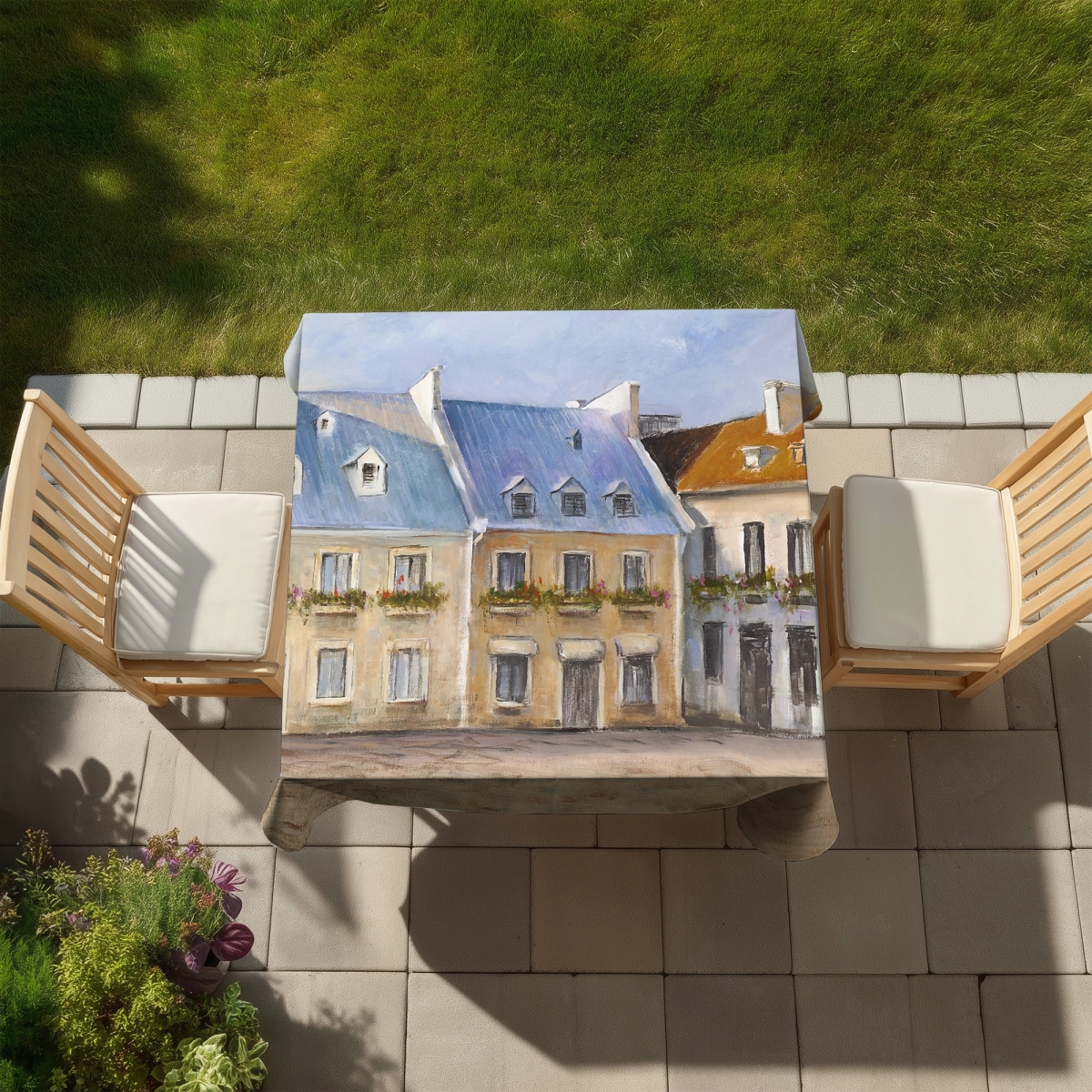 Picture of Begin Home Decor C1TC5858RKADE2 58 x 58 in. Old Quebec City Contemporary Blue Indoor & Outdoor Tablecloth