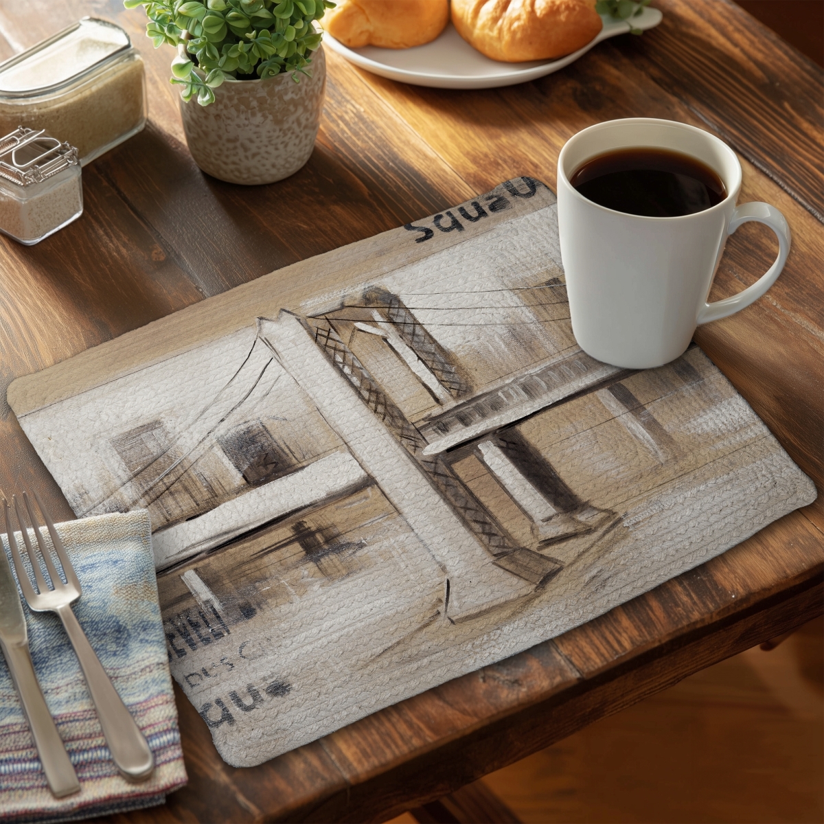 Picture of Begin Home Decor C4BP1418B14ZAH 14 x 18 in. Abstract Bridge Typography Braided Polyester Placemat - Home Decor - Set of 4