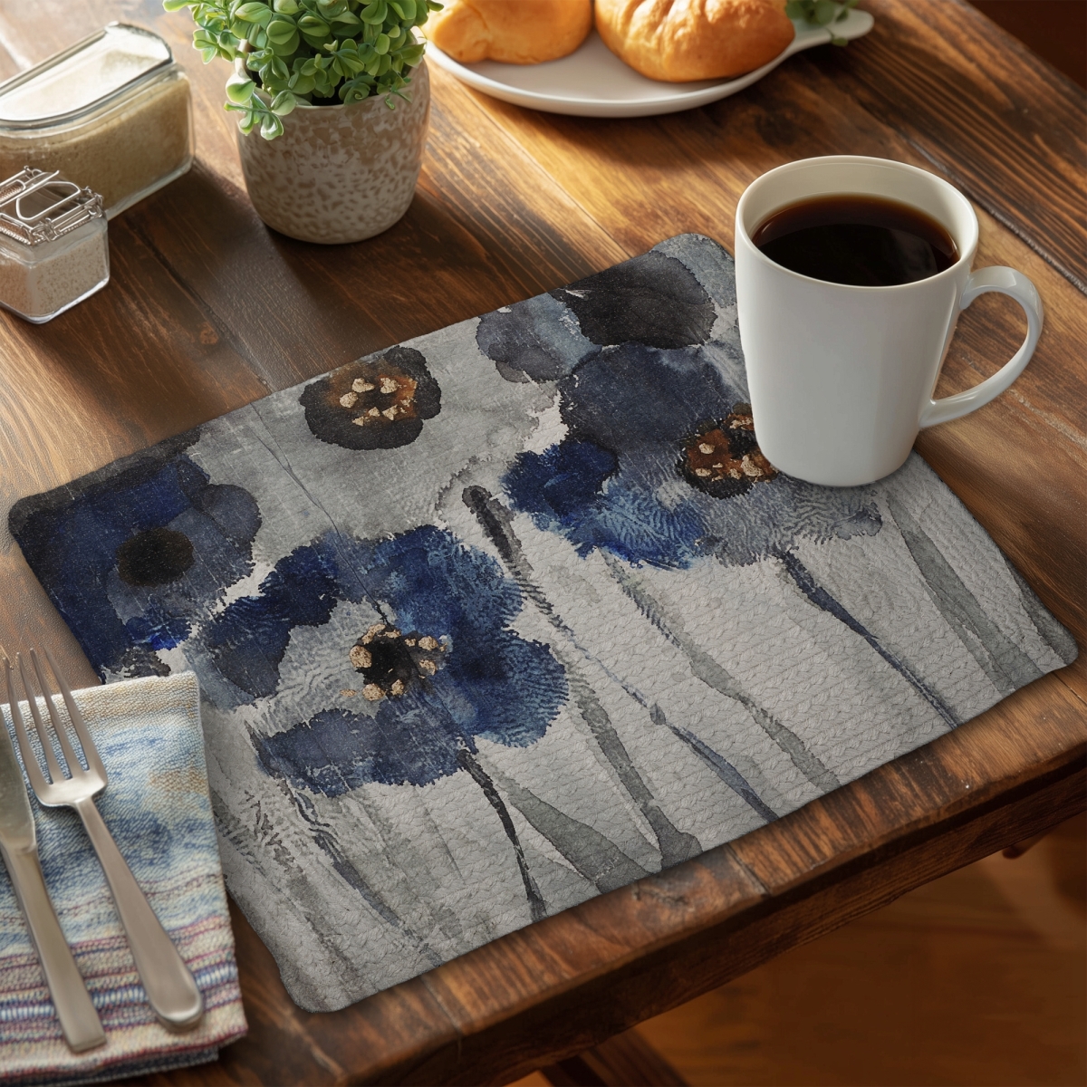Picture of Begin Home Decor C4BP14184IU9Q0 14 x 18 in. Blue Blurry Flowers Braided Polyester Placemat - Home Decor - Set of 4