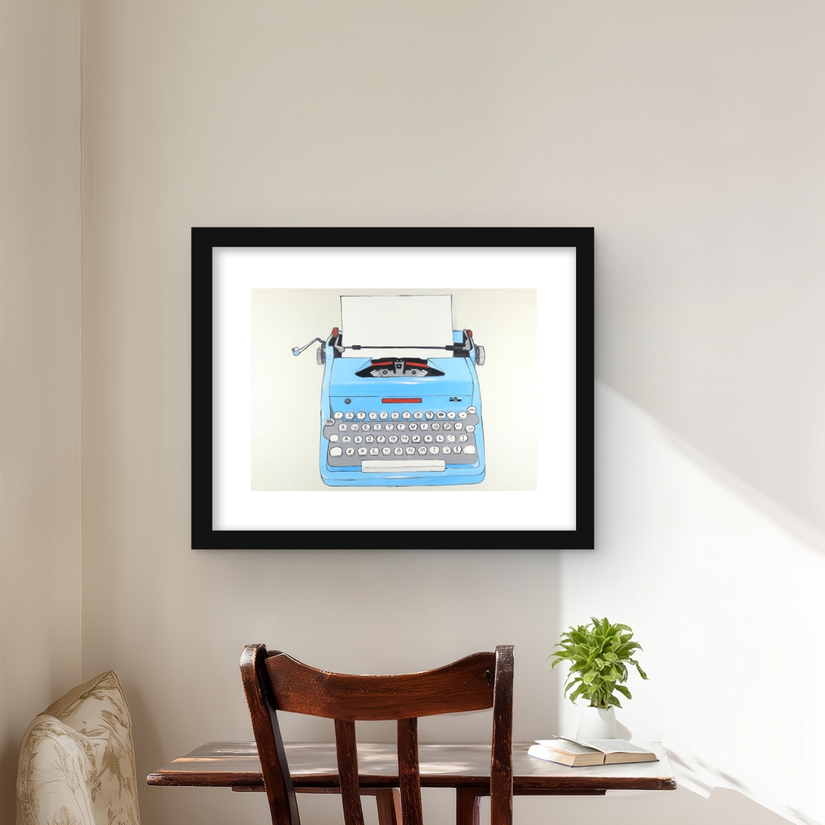 C1FM1620QVAD96 16 x 20 in. Blue Typewriter Machine Print Wall Art - Framed Matted Home Decor