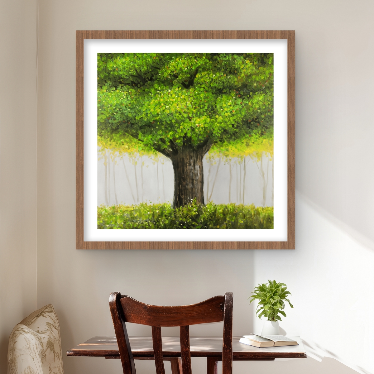 C1FM2424H2LS14 24 x 24 in. Big Green Tree - Contemporary Framed Print Wall Art for Home Decor