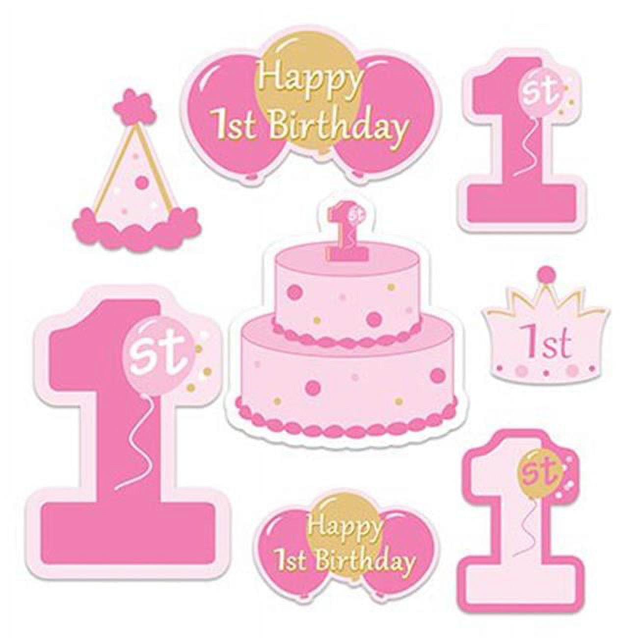 53420-p 7 To 16 In. 1st Birthday Cutouts - Pink, Yellow & White, 8 Per Pack - Pack Of 12