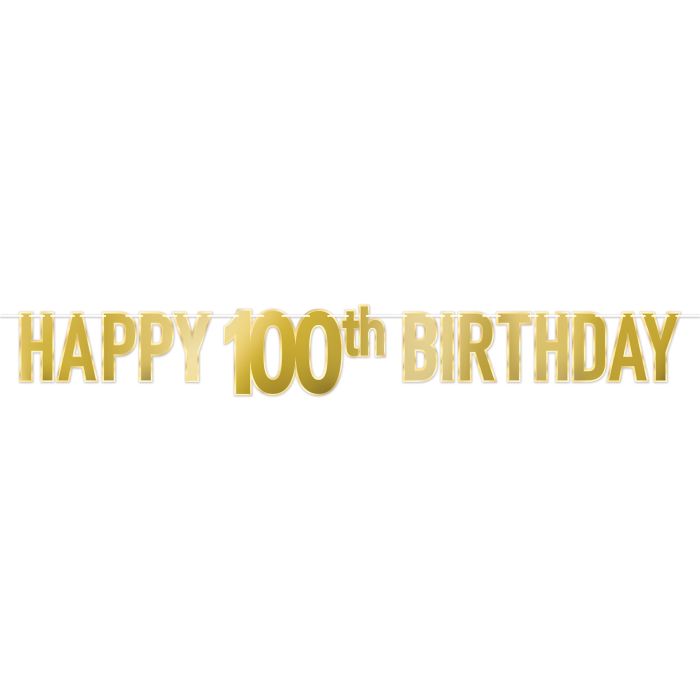 Beistle 53942-100 7.75 in. x 5 ft. 8 in. Foil Happy 100th Birthday Streamer, Gold