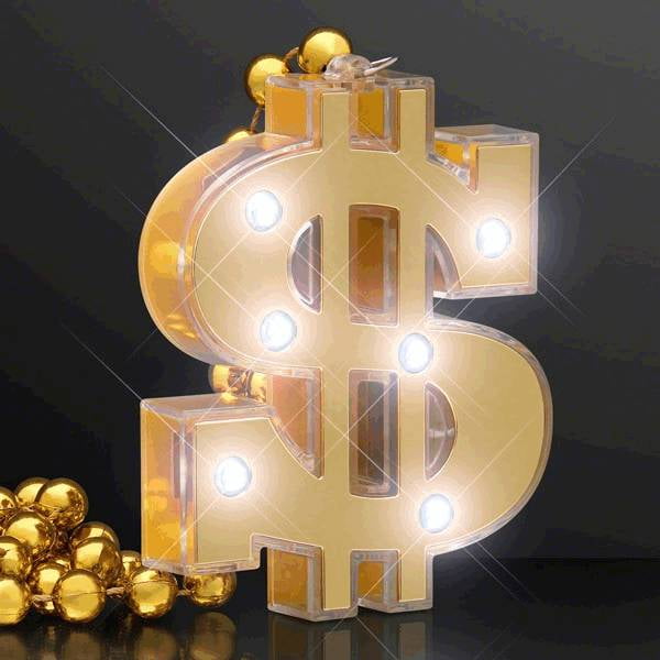 A1040 Light Up Gold Dollar Money Sign Charm Beaded Necklace