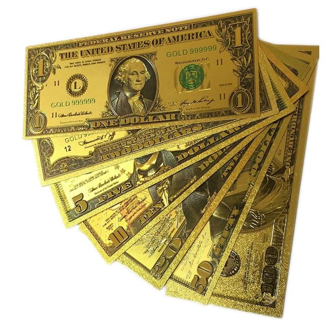 24k Plated Fake Banknote Currency 1-2-5-10-20-50-100 Dollar - Gold - Set of 7