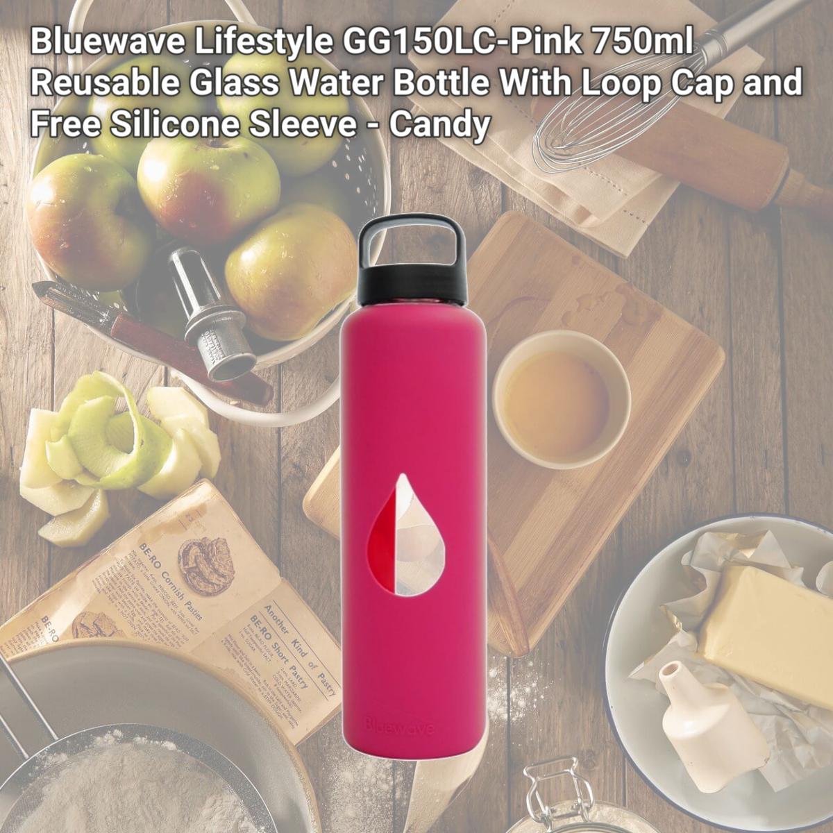 Picture of Bluewave Lifestyle GG150LC-Pink 750ml Reusable Glass Water Bottle With Loop Cap and Free Silicone Sleeve - Candy
