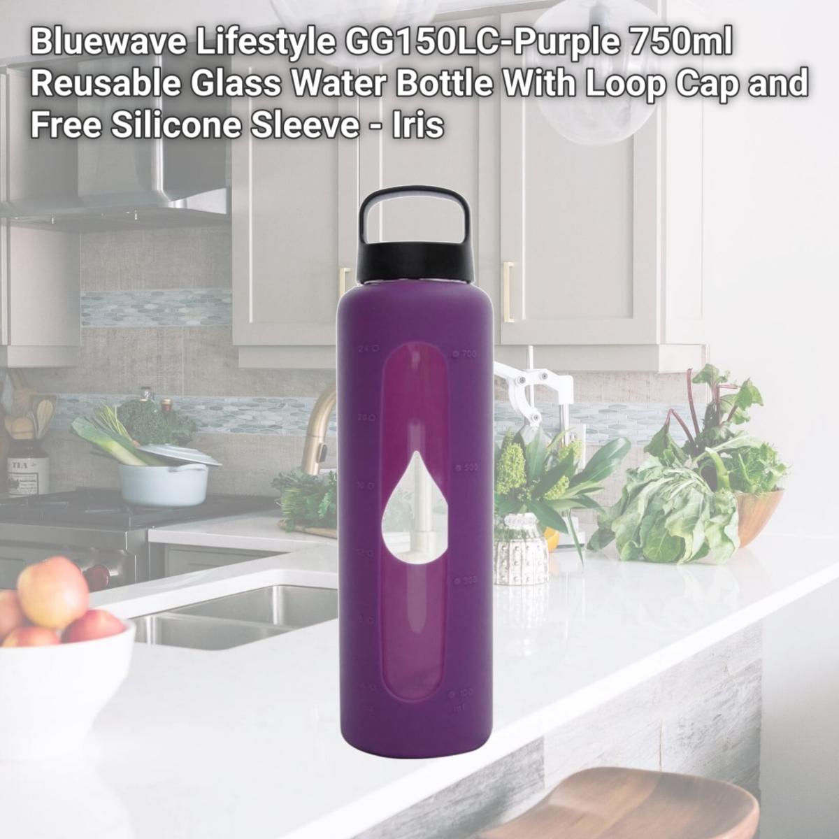 Picture of Bluewave Lifestyle GG150LC-Purple 750ml Reusable Glass Water Bottle With Loop Cap and Free Silicone Sleeve - Iris