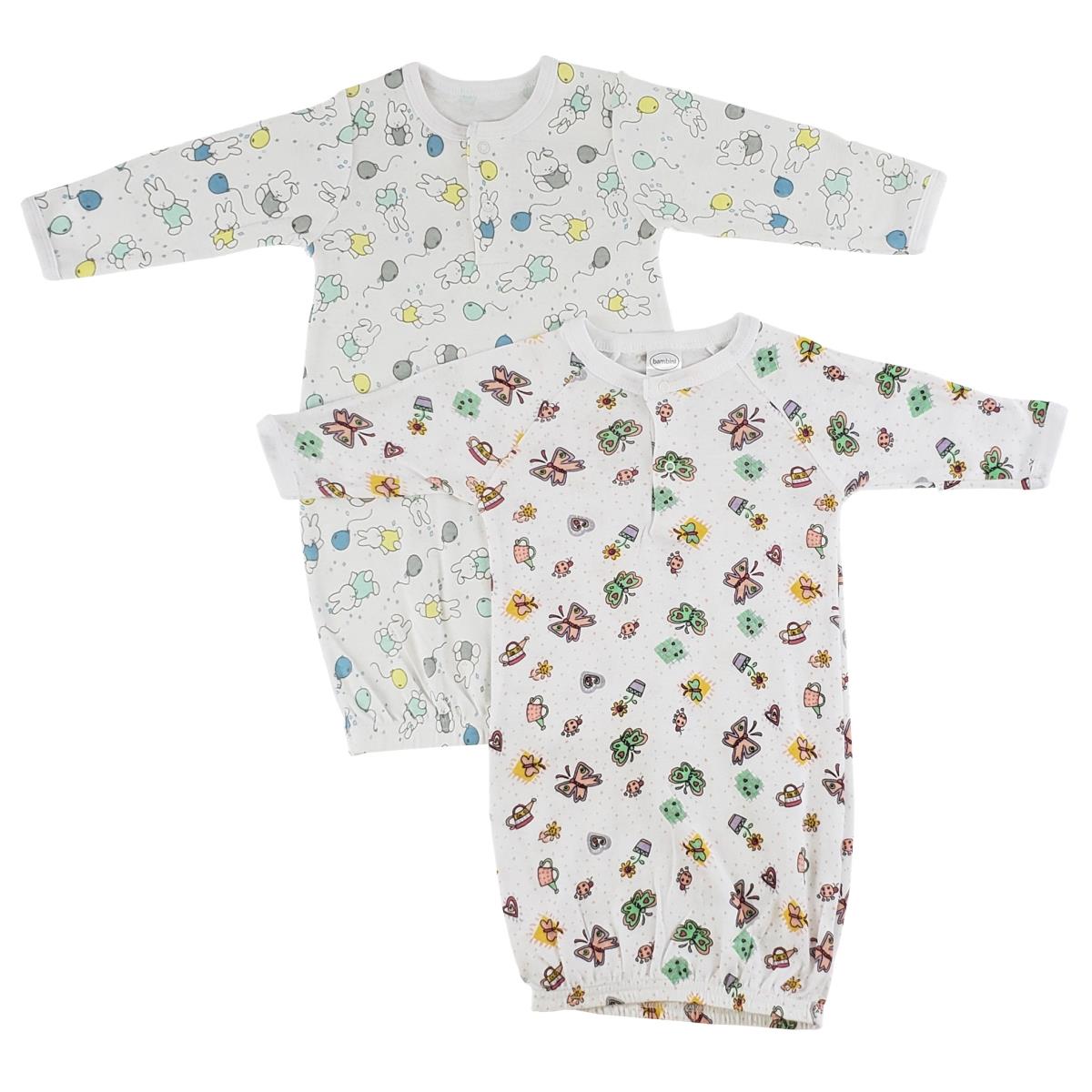 CS-0089 Girls Print Infant Gowns, White - Newborn - Pack of 2