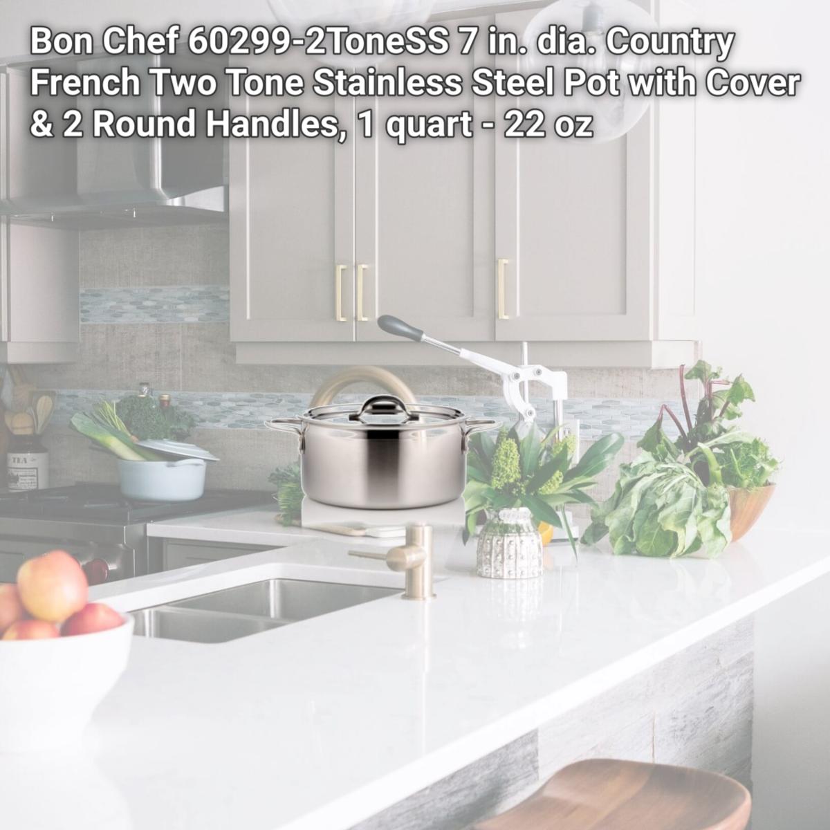 Picture of Bon Chef 60299-2ToneSS 7 in. dia. Country French Two Tone Stainless Steel Pot with Cover & 2 Round Handles, 1 quart - 22 oz