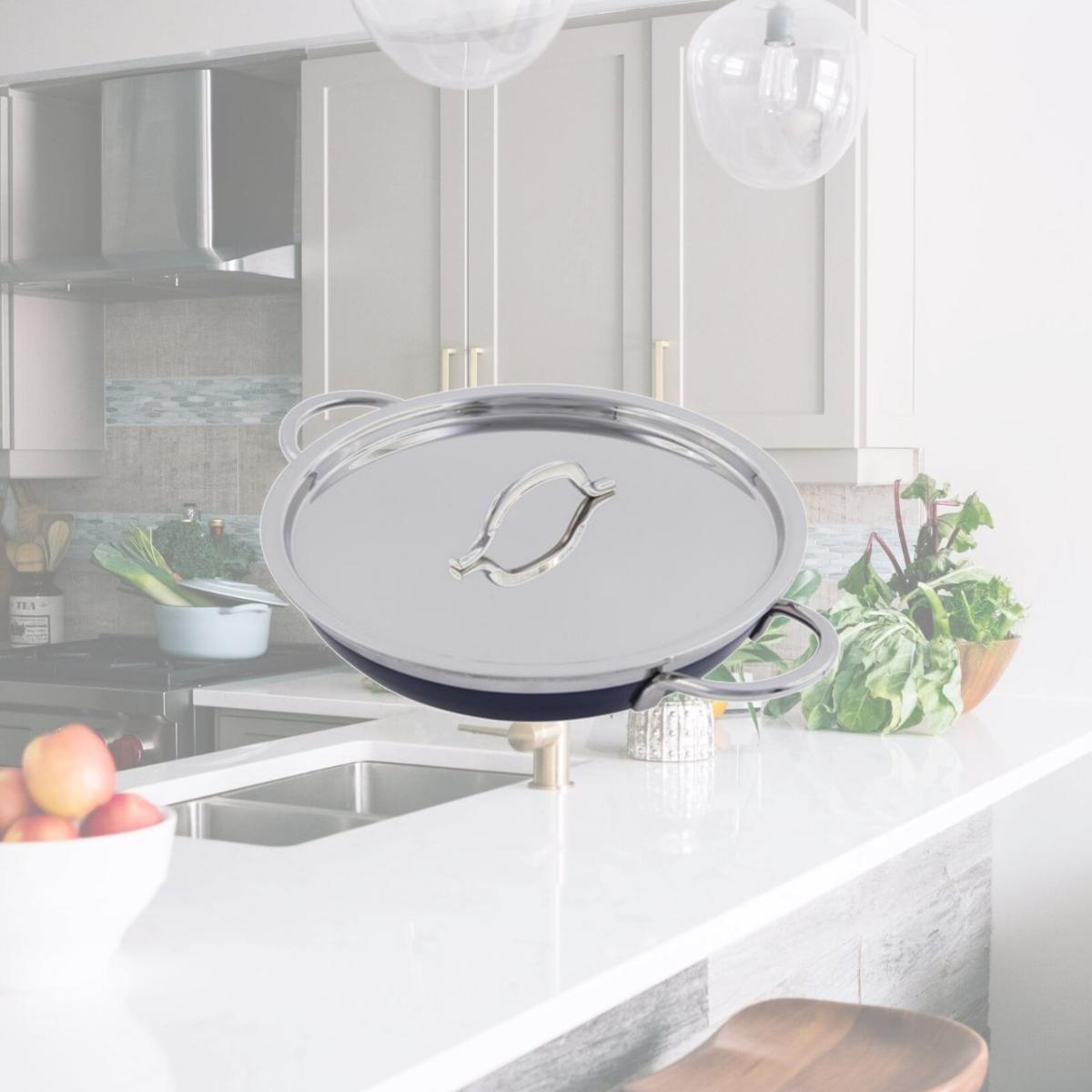 Picture of Bon Chef 60304COBALTBLUE 10.12 x 1.87 in. Classic Country French Collection Saute 1 quart Pan & Skillet with Cover Double Handle, Cobalt Blue - 20 oz