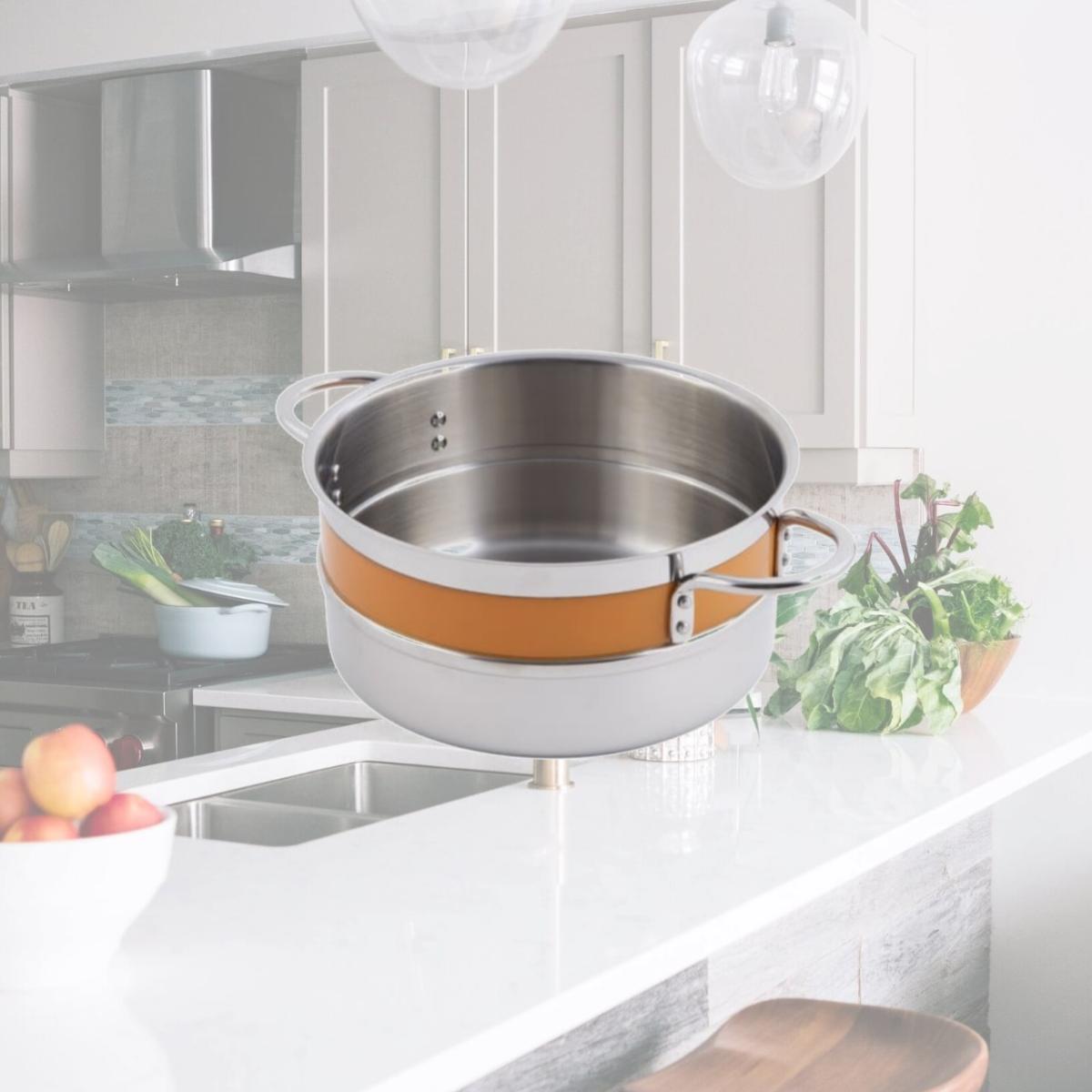 Picture of Bon Chef 62301NCORANGE 8.62 x 3.87 in. Classic Country 0.5 Color Singlewall 3.3 quart Pot No Cover Riveted Handle, Orange - 9 oz