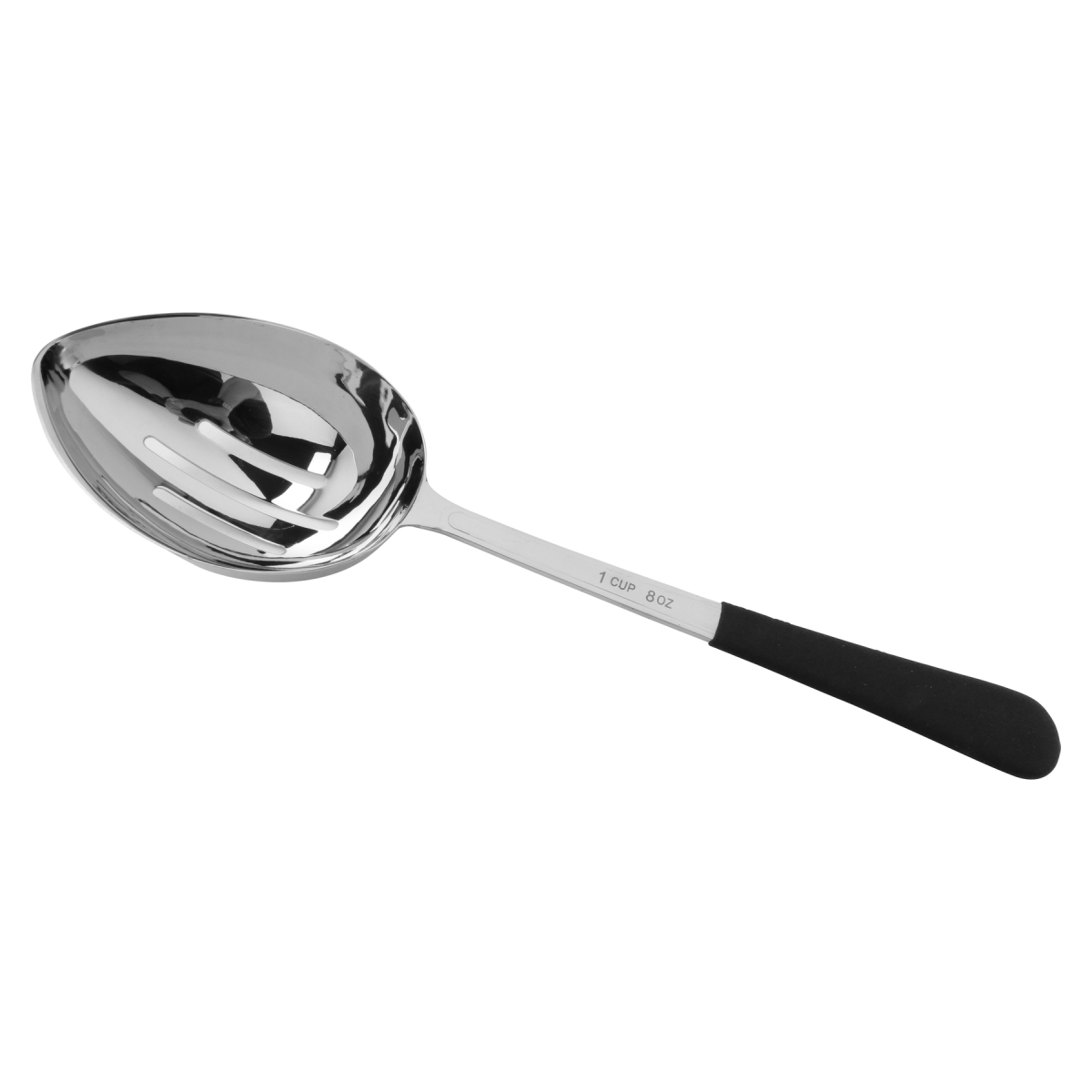 Picture of Winco BSRIM-37 13.625 in. Portion Control Slotted Bowl Spoon with Textured Black Plastic Dipped Handle - 8 oz, Case of 96, 6 Per Case - Each 12