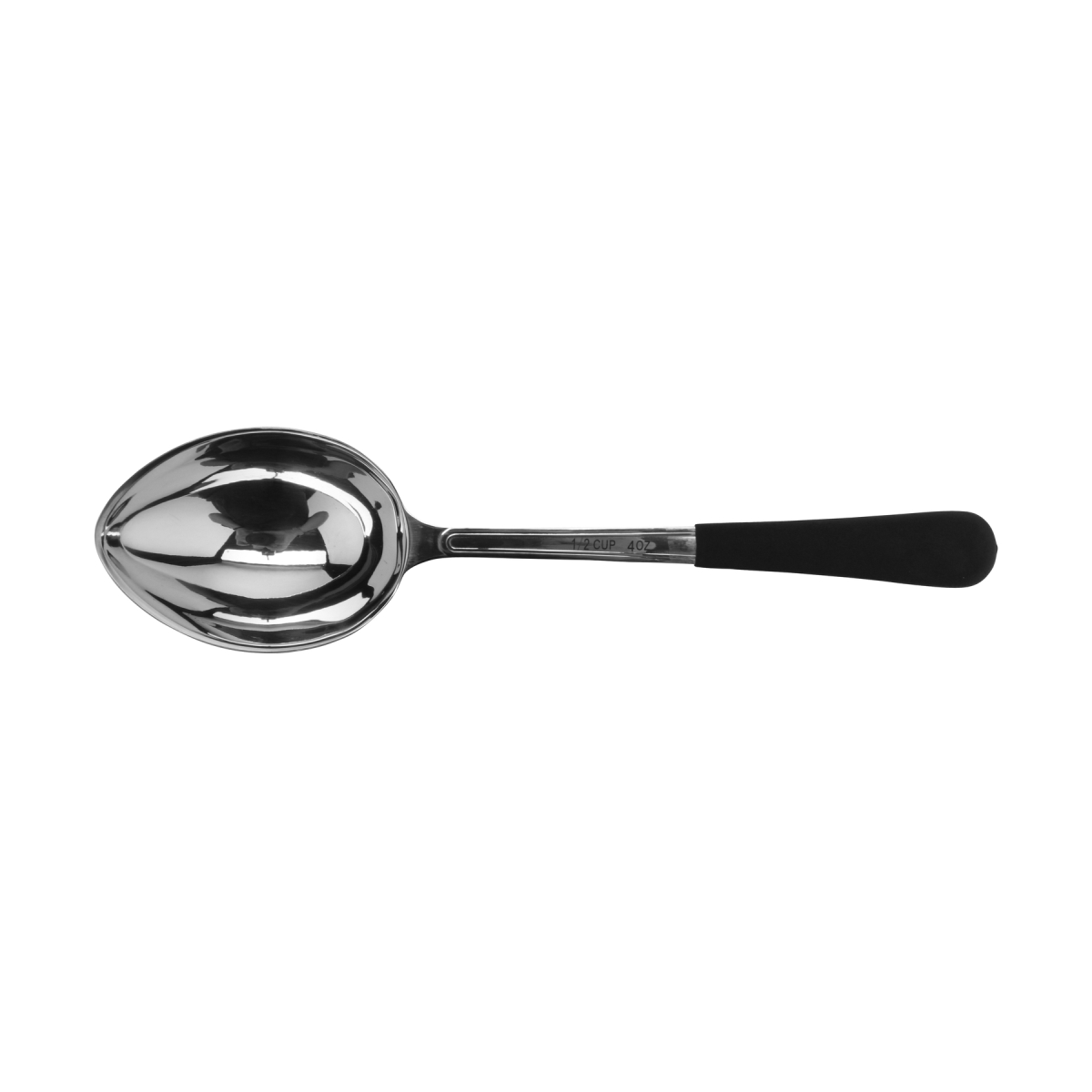 Picture of Winco BSRIM-31 12.75 in. Portion Control Solid Bowl Spoon with Textured Black Plastic Dipped Handle - 4 oz, 96 at Per Master, 6 at Per Inner - Each 12