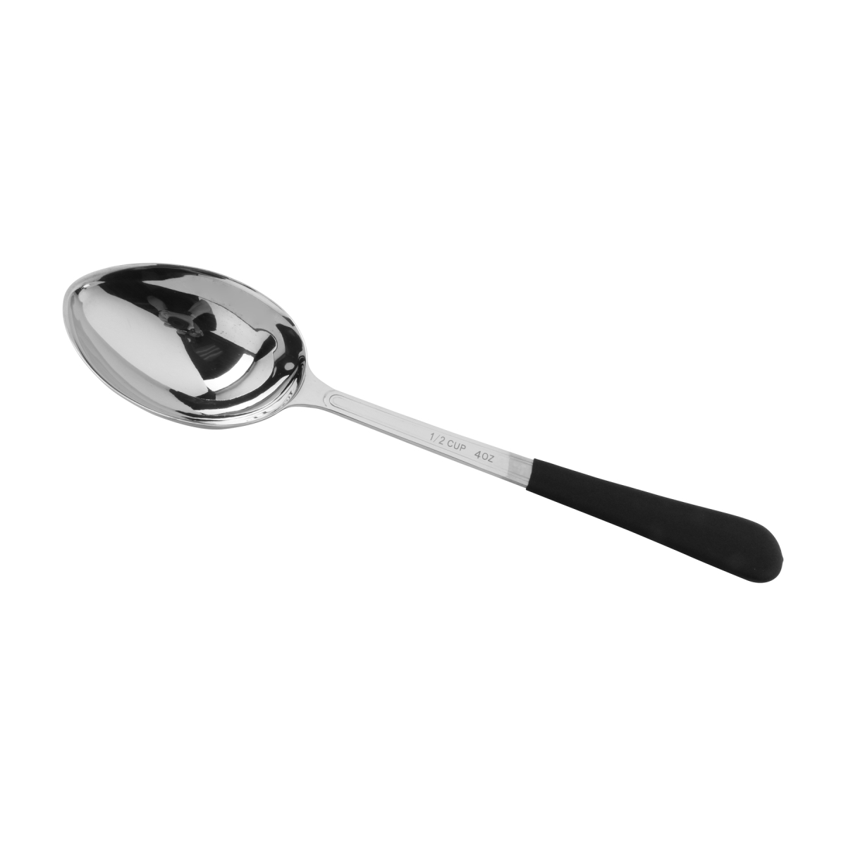 Picture of Winco BSRIM-31 12.75 in. Portion Control Solid Bowl Spoon with Textured Black Plastic Dipped Handle - 4 oz, 96 at Per Master, 6 at Per Inner - Each 12
