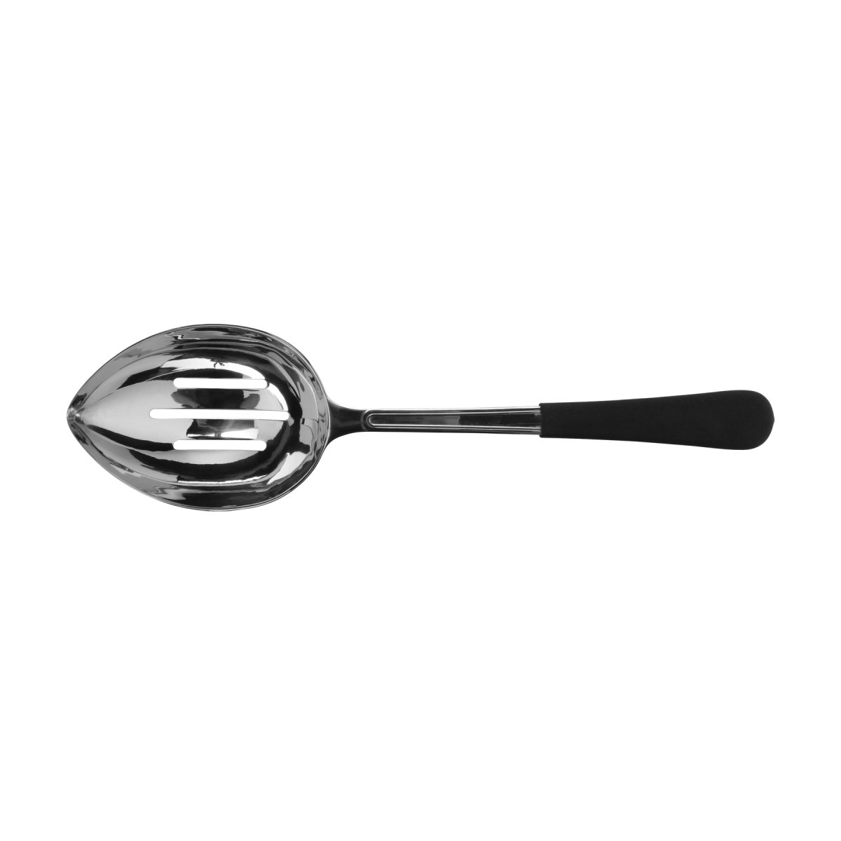 Picture of Winco BSRIM-36 13.5 in. Portion Control Slotted Bowl Spoon with Textured Black Plastic Dipped Handle - 6 oz, 96 at Per Master, 6 at Per Inner - Each 12