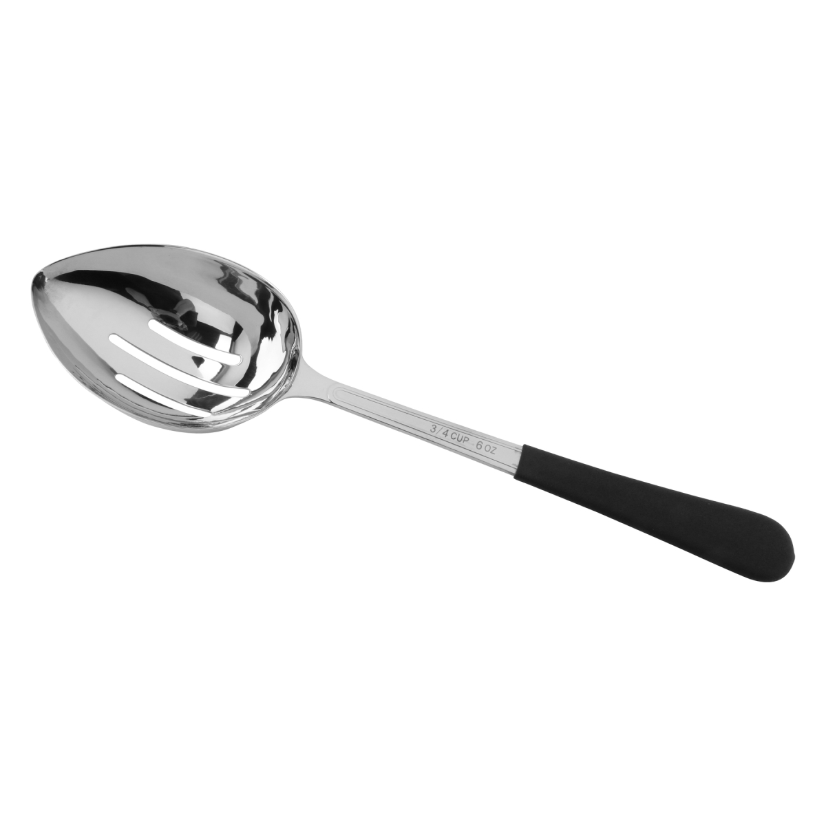 Picture of Winco BSRIM-36 13.5 in. Portion Control Slotted Bowl Spoon with Textured Black Plastic Dipped Handle - 6 oz, 96 at Per Master, 6 at Per Inner - Each 12