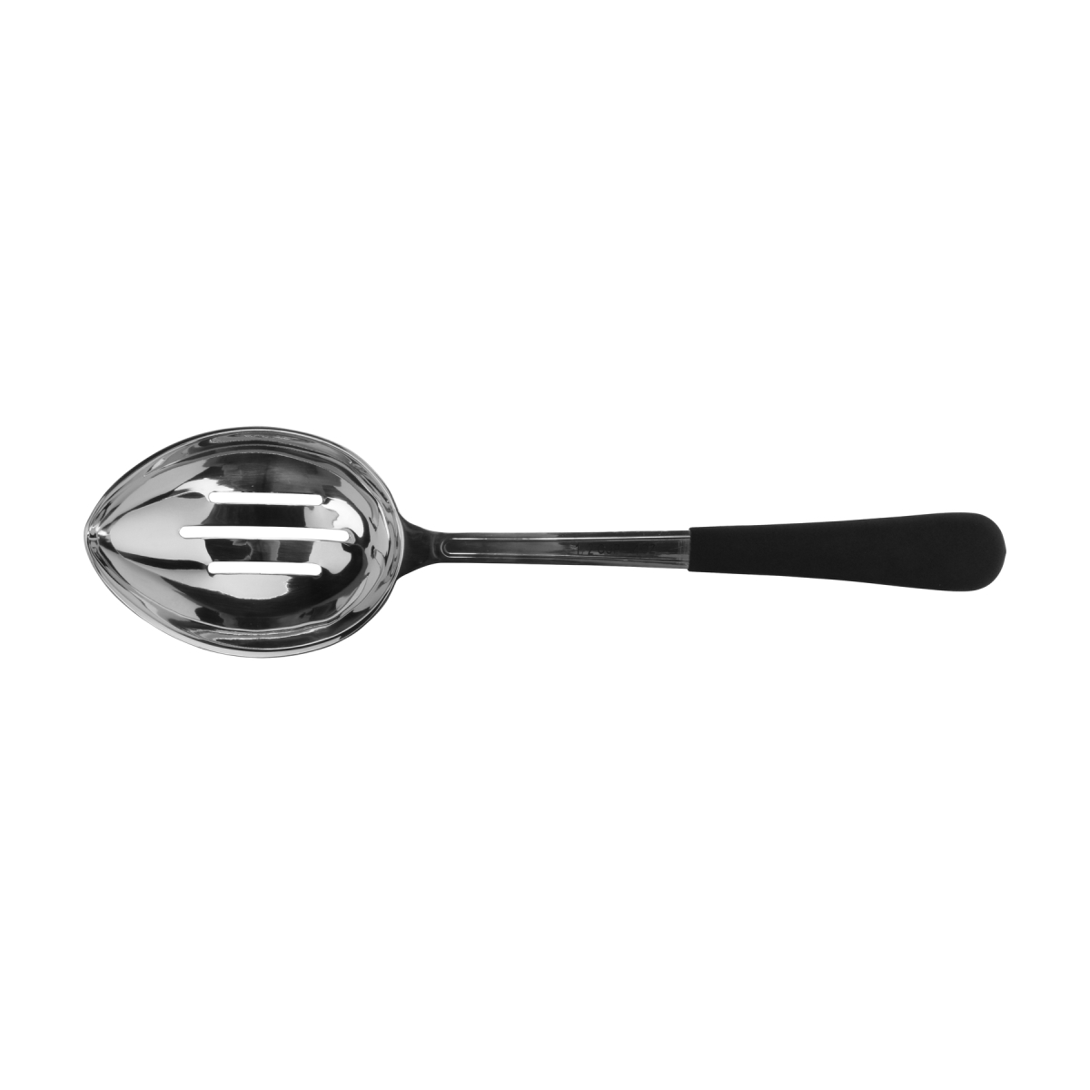 Picture of Winco BSRIM-35 12.75 in. Portion Control Slotted Bowl Spoon with Textured Black Plastic Dipped Handle - 4 oz, 96 at Per Master, 6 at Per Inner - Each 12