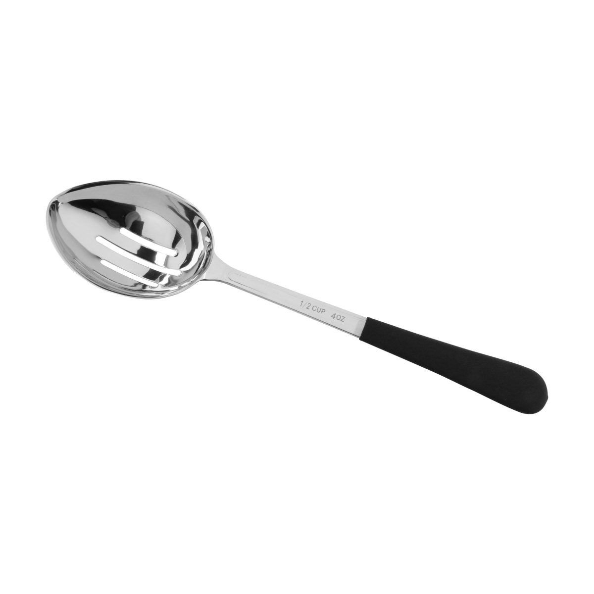 Picture of Winco BSRIM-35 12.75 in. Portion Control Slotted Bowl Spoon with Textured Black Plastic Dipped Handle - 4 oz, 96 at Per Master, 6 at Per Inner - Each 12